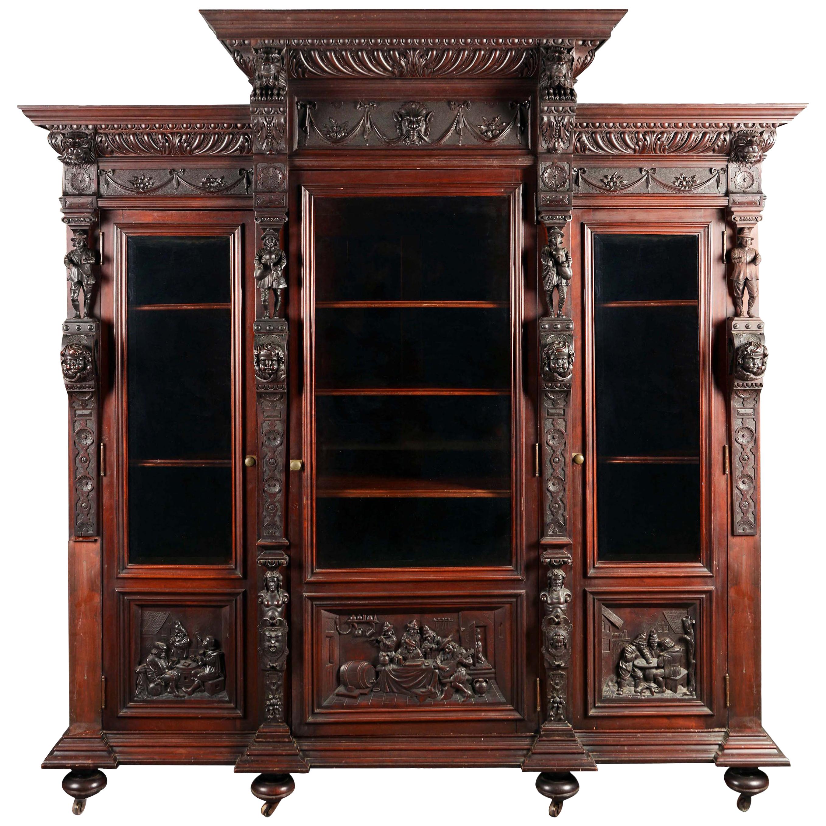19th Century Red Mahogany Renaissance Bookcase with Caryatids and Carved Panels
