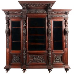 19th Century Red Mahogany Renaissance Bookcase with Caryatids and Carved Panels