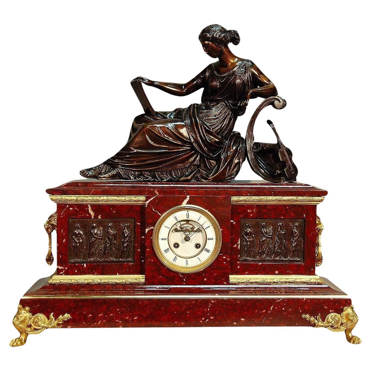 19th Century Red Marble and Bronze Clock For Sale