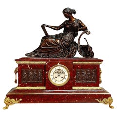 19th Century Red Marble and Bronze Clock