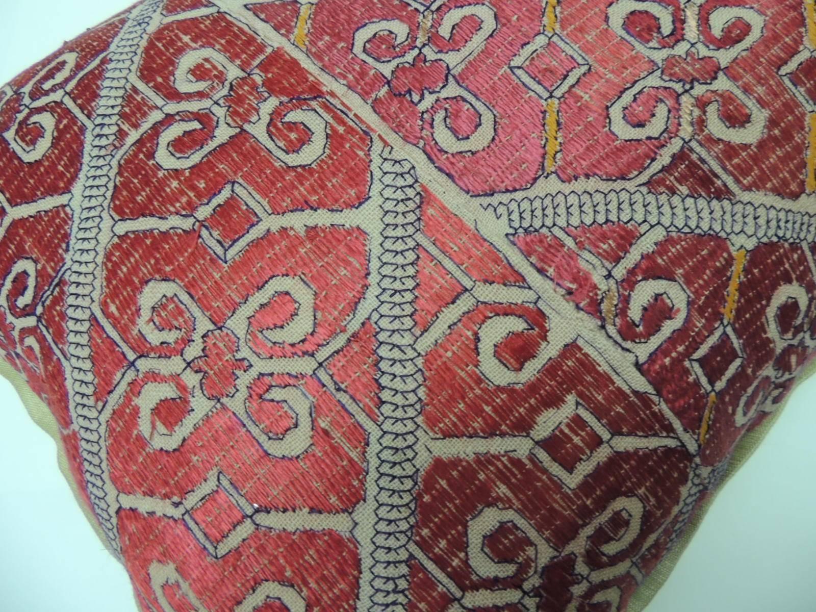 Moorish 19th Century Red Moroccan Embroidery Bolster Decorative Pillow