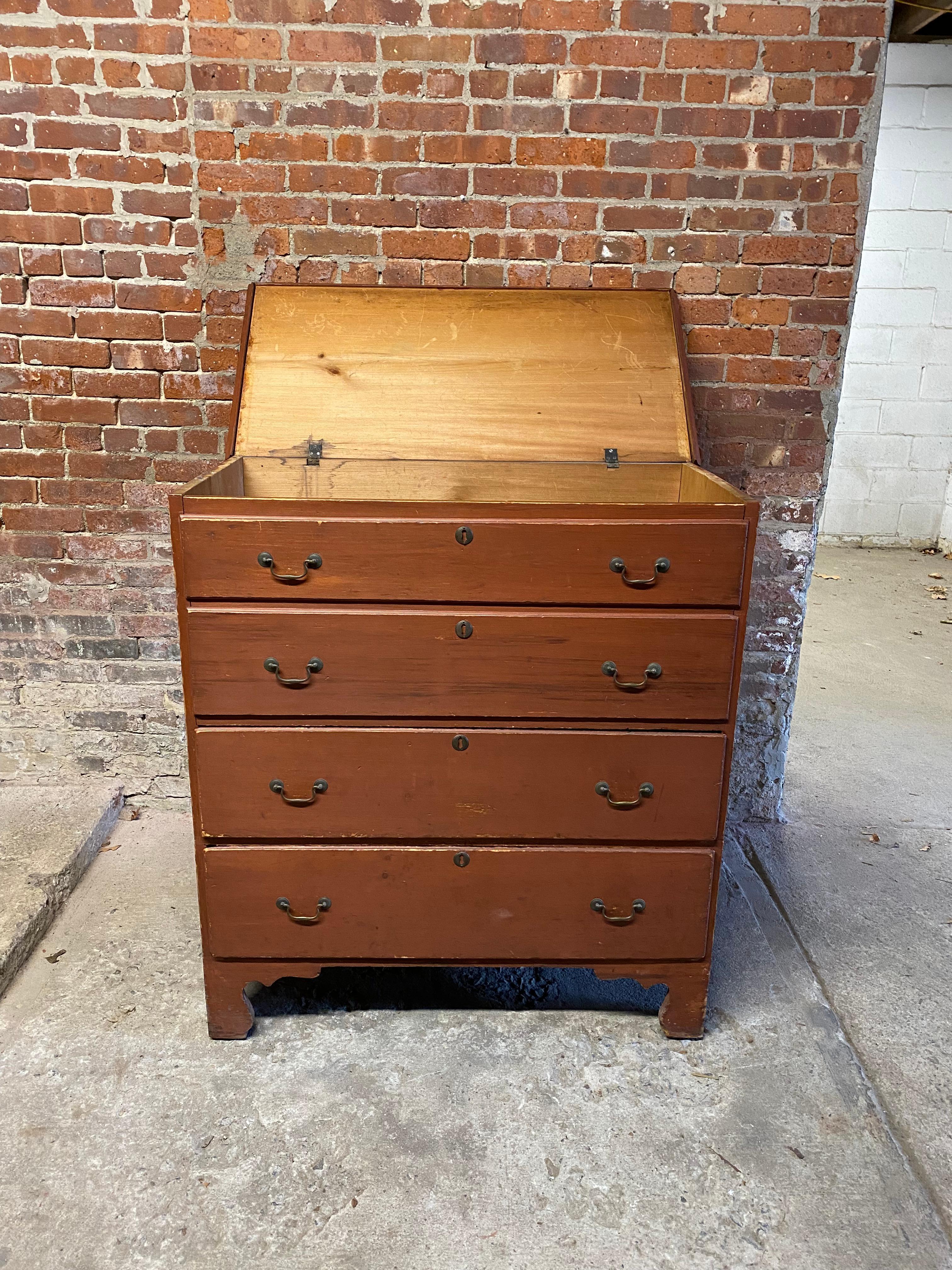 19th Century Red Oxide Knotty Pine Two Drawer Blanket Chest In Fair Condition In Garnerville, NY