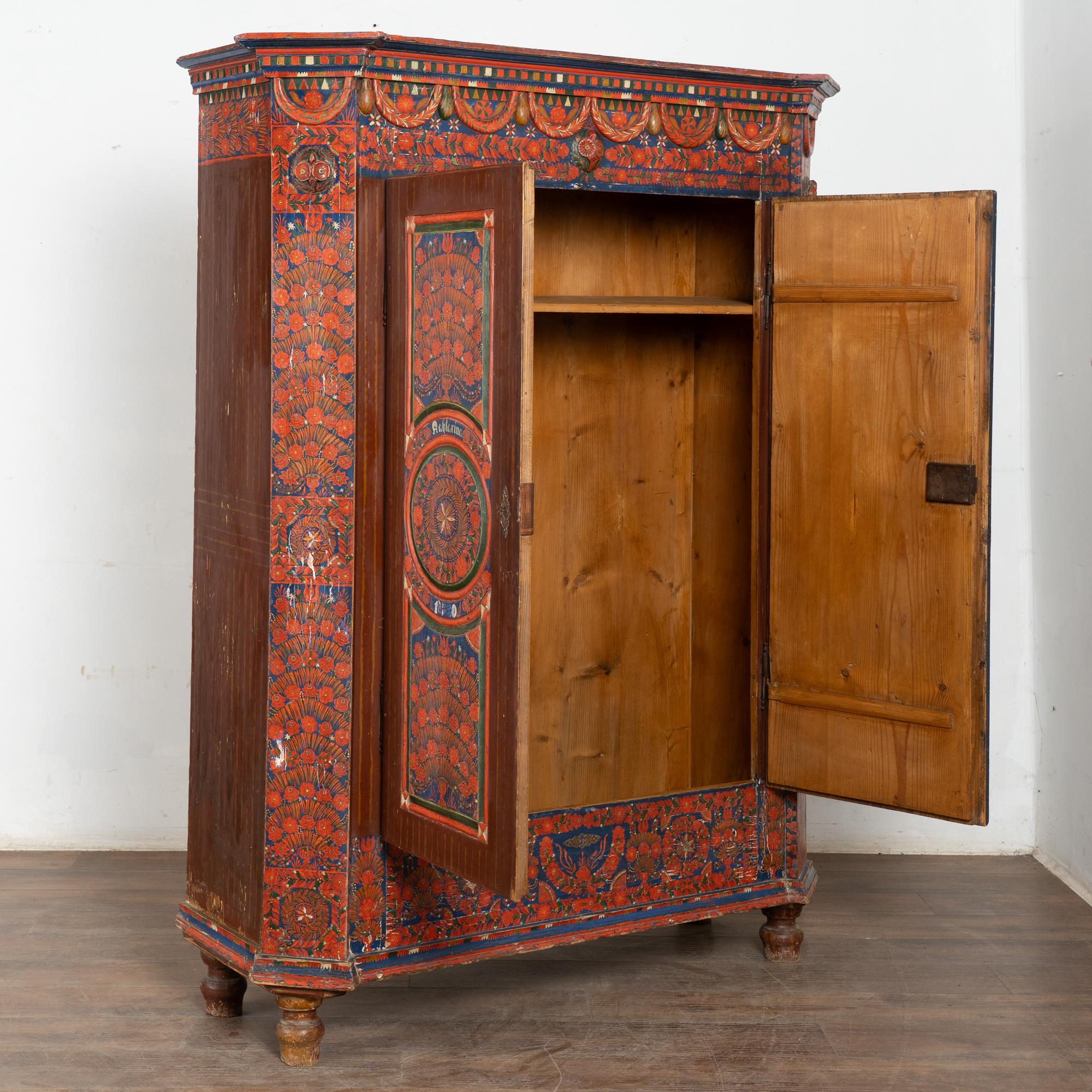 Folk Art 19th Century Red Painted Two Door Armoire from Hungary For Sale