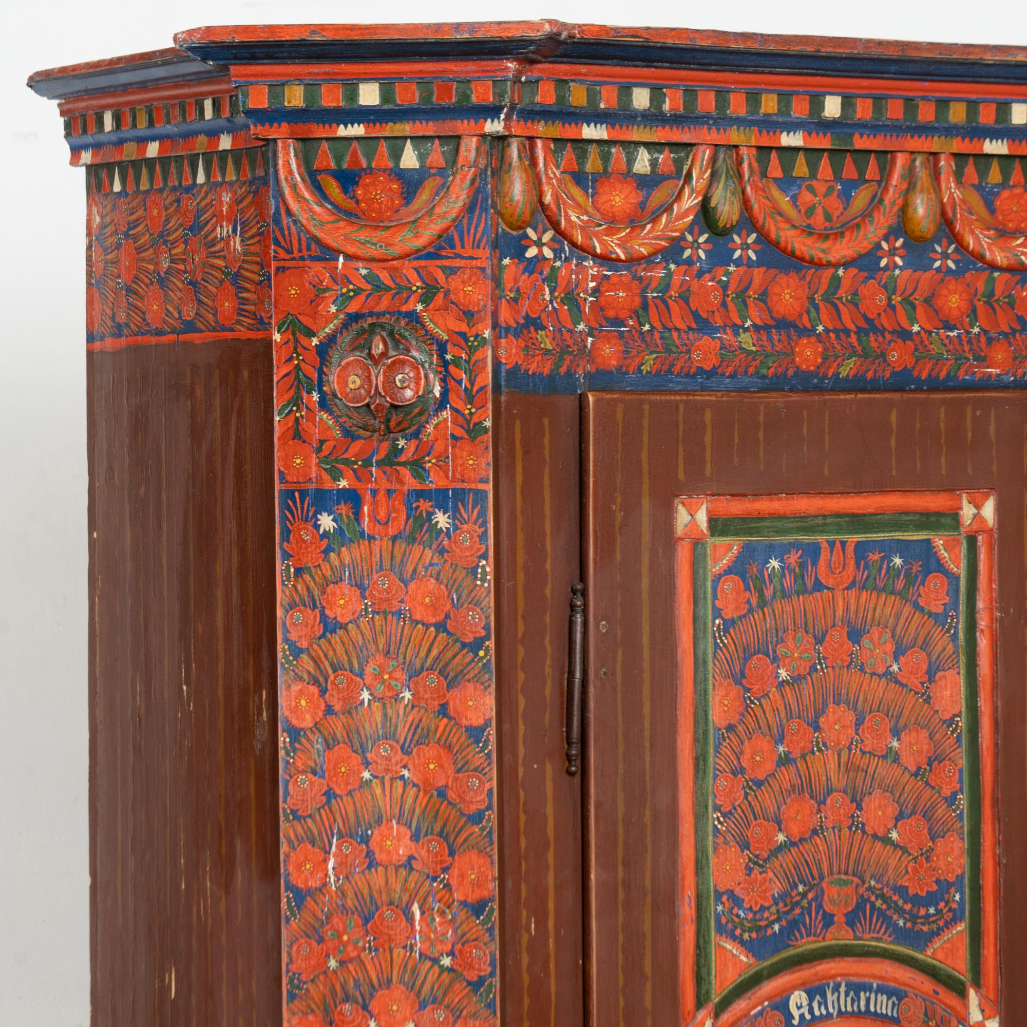 19th Century Red Painted Two Door Armoire from Hungary In Fair Condition For Sale In Round Top, TX