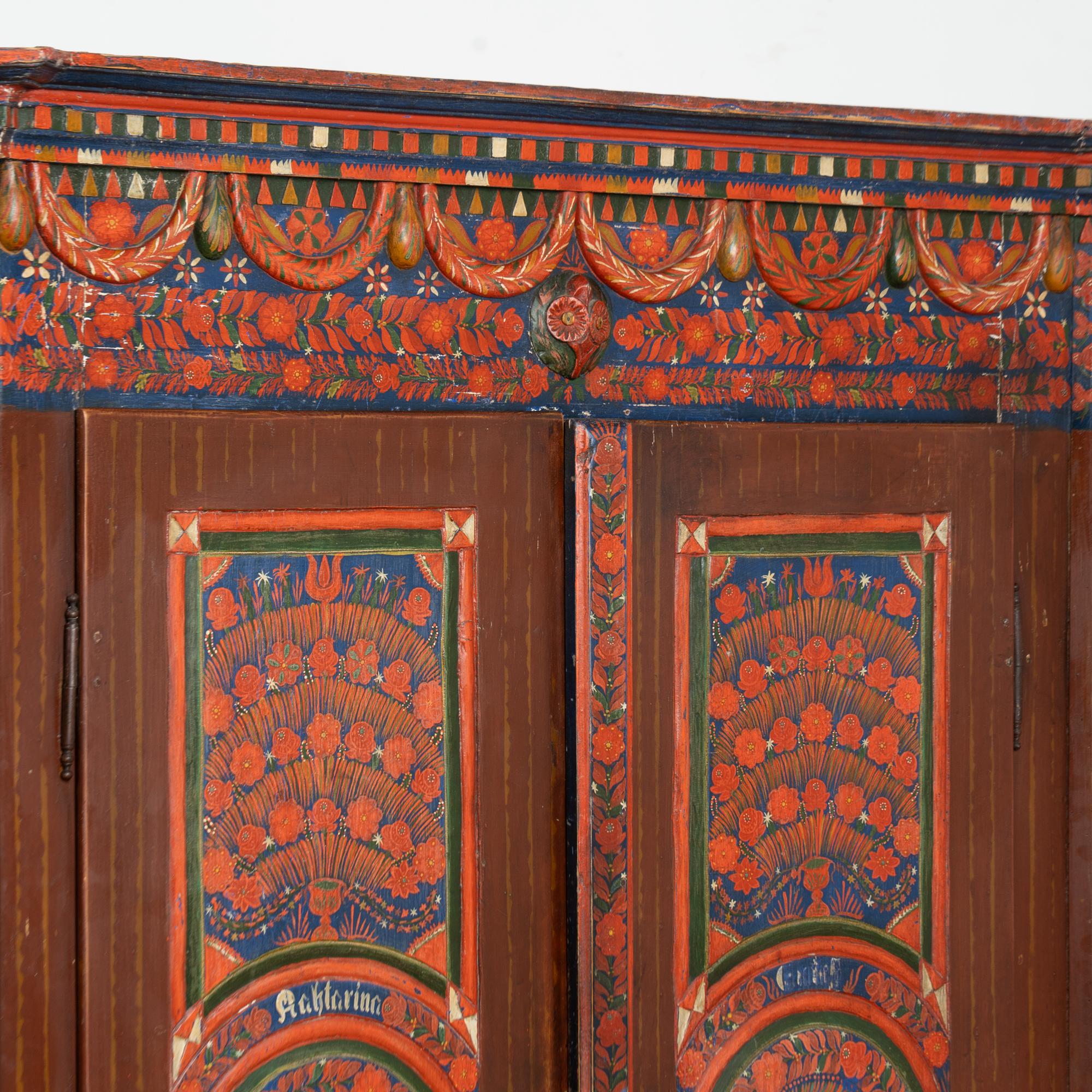 Pine 19th Century Red Painted Two Door Armoire from Hungary For Sale