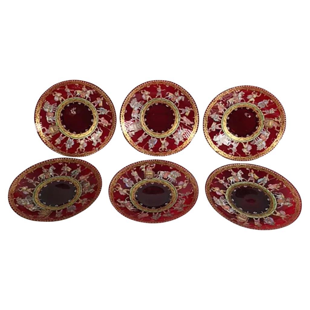 Assiettes en verre vénitien transparent rouge du 19e siècle - Lot de 6 en vente