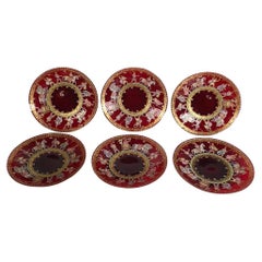 Assiettes en verre vénitien transparent rouge du 19e siècle - Lot de 6