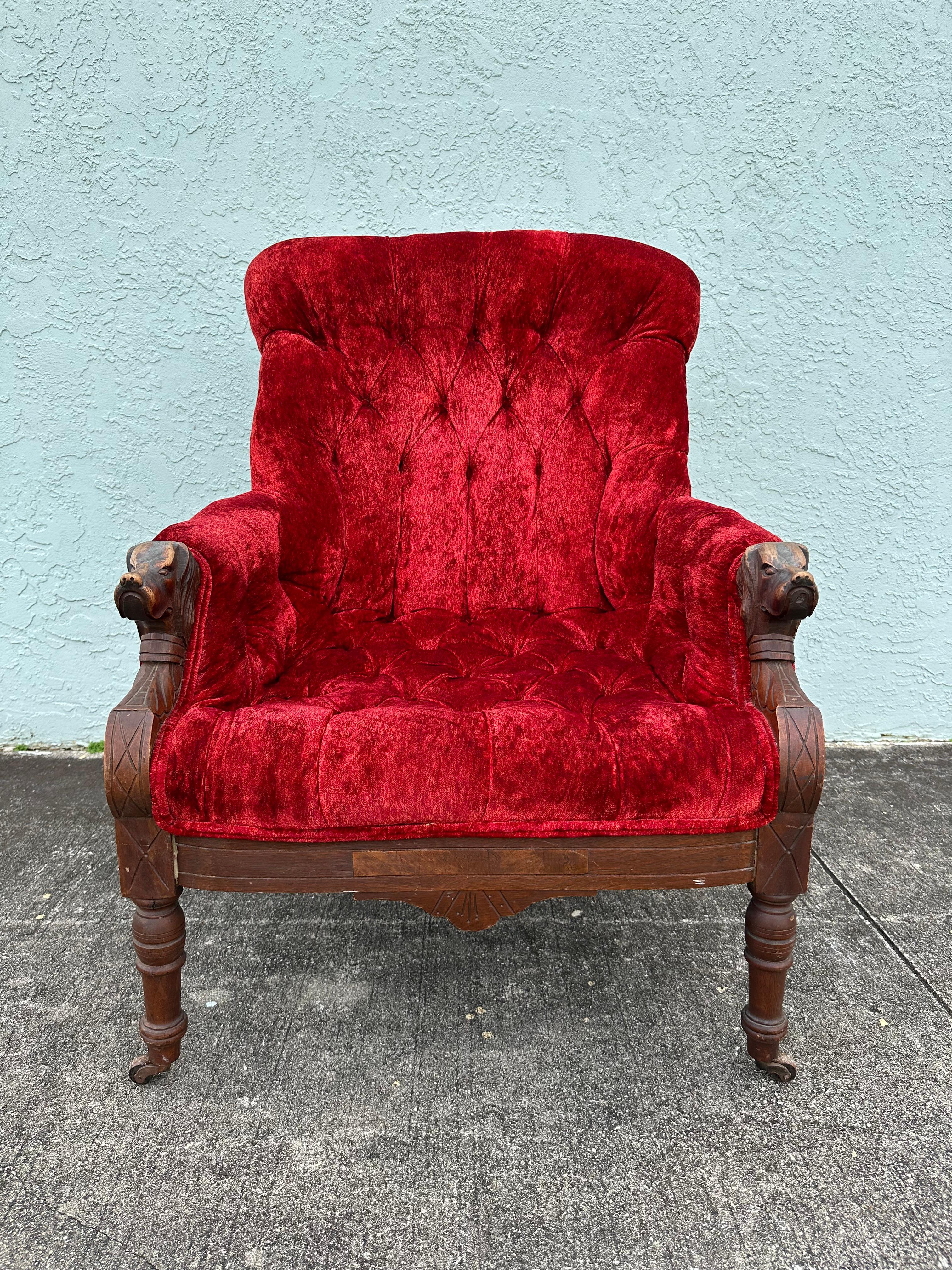 Transport yourself back to the sleek and sophisticated late 19th Century with this exquisite sculptural carved dog wood armchair on castors. The ultra rare chair exudes an air of history and refinement. Outstanding design is exhibited throughout.