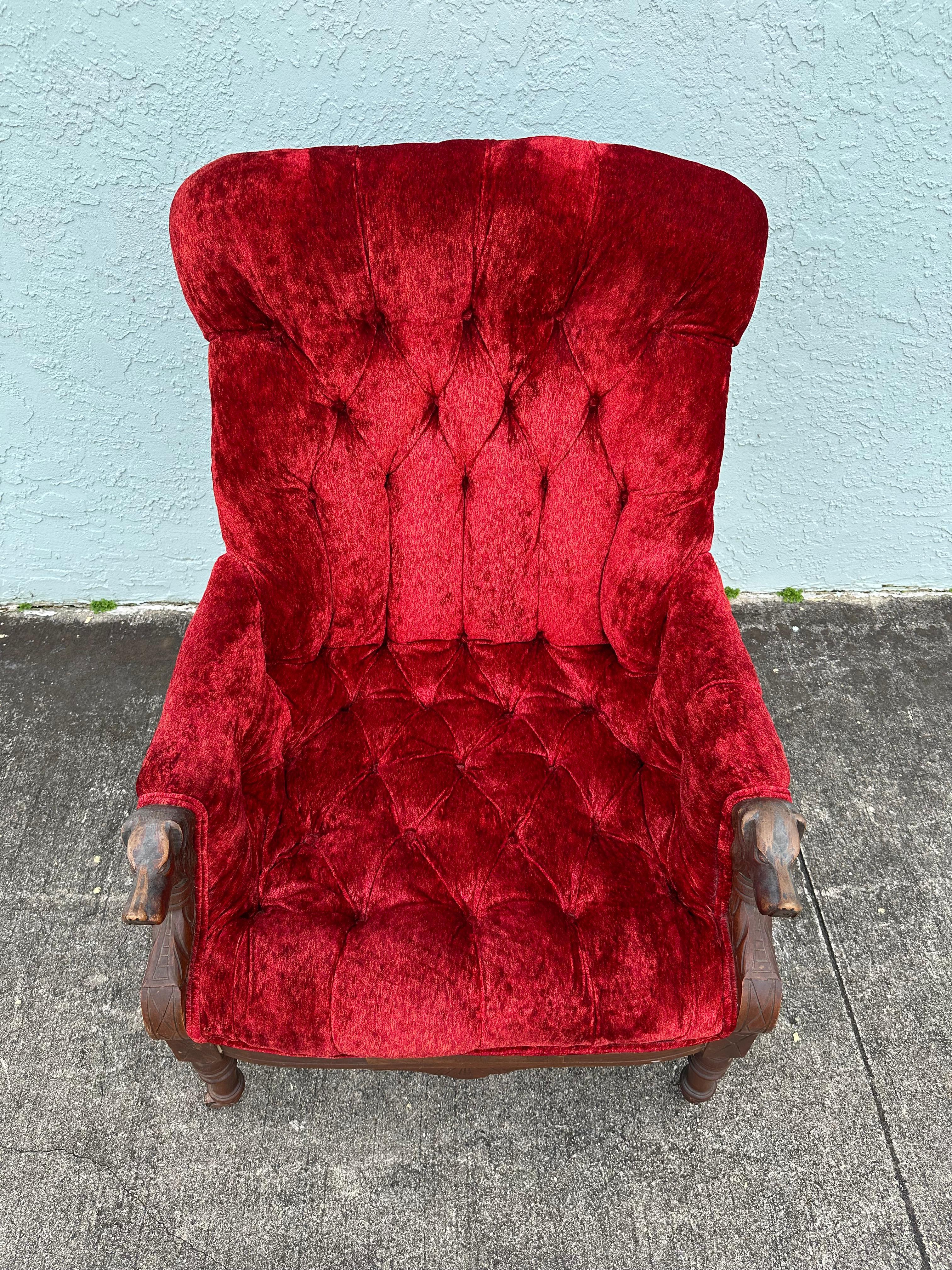 Victorian 19th Century Red Velvet Carved Wood Dog Motif Library Club Chair For Sale