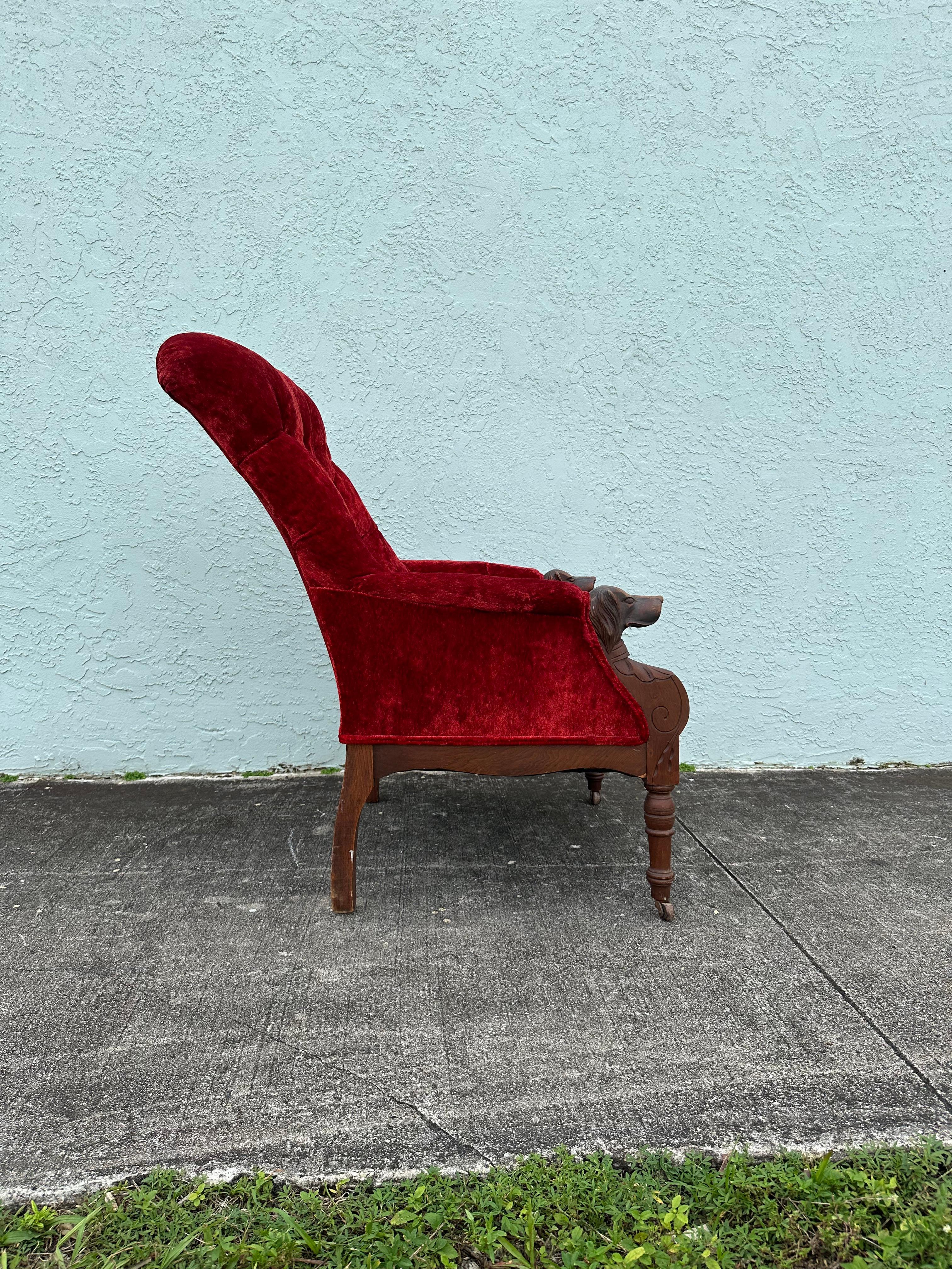 European 19th Century Red Velvet Carved Wood Dog Motif Library Club Chair For Sale
