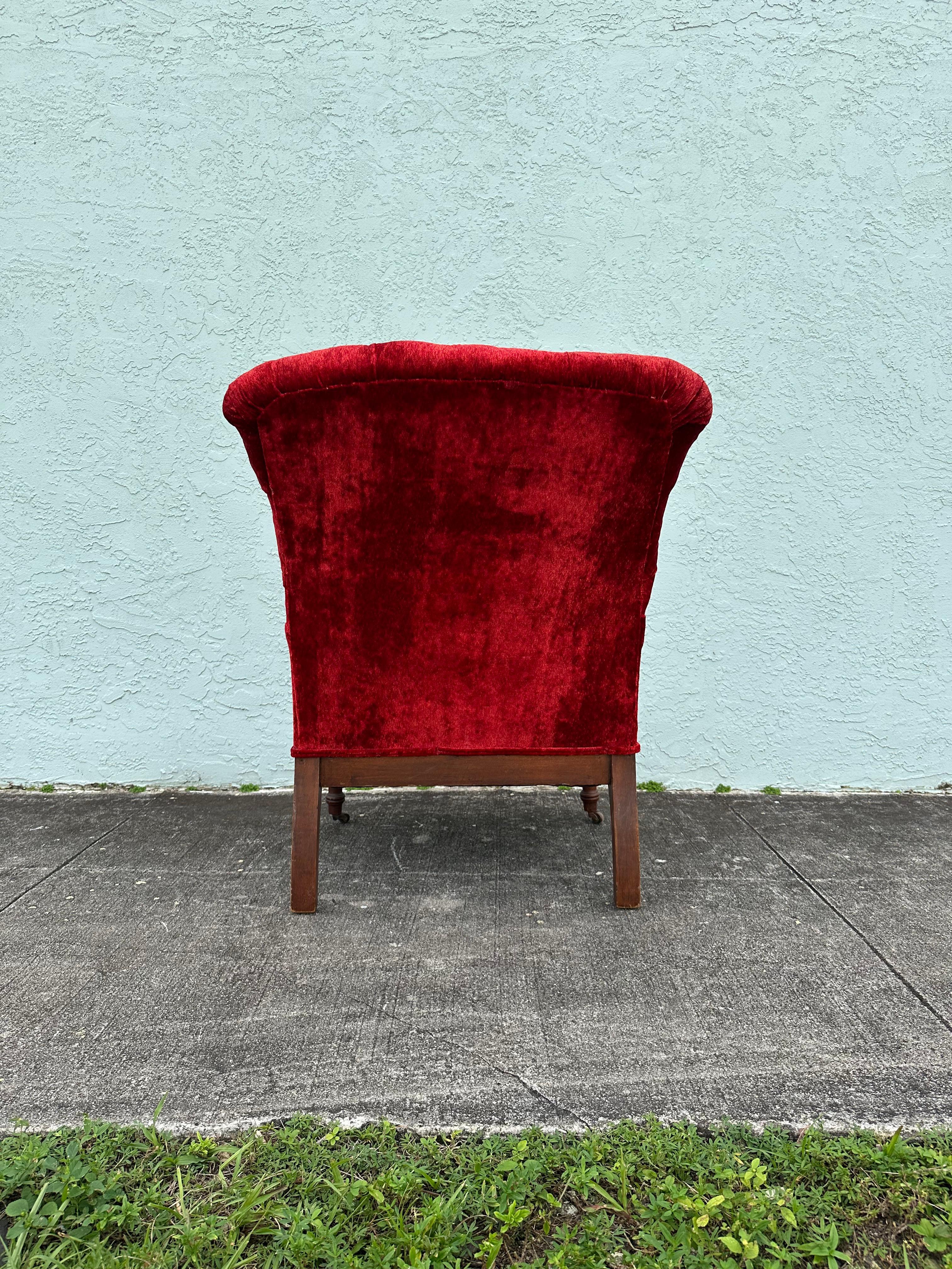 19th Century Red Velvet Carved Wood Dog Motif Library Club Chair In Good Condition For Sale In Fort Lauderdale, FL