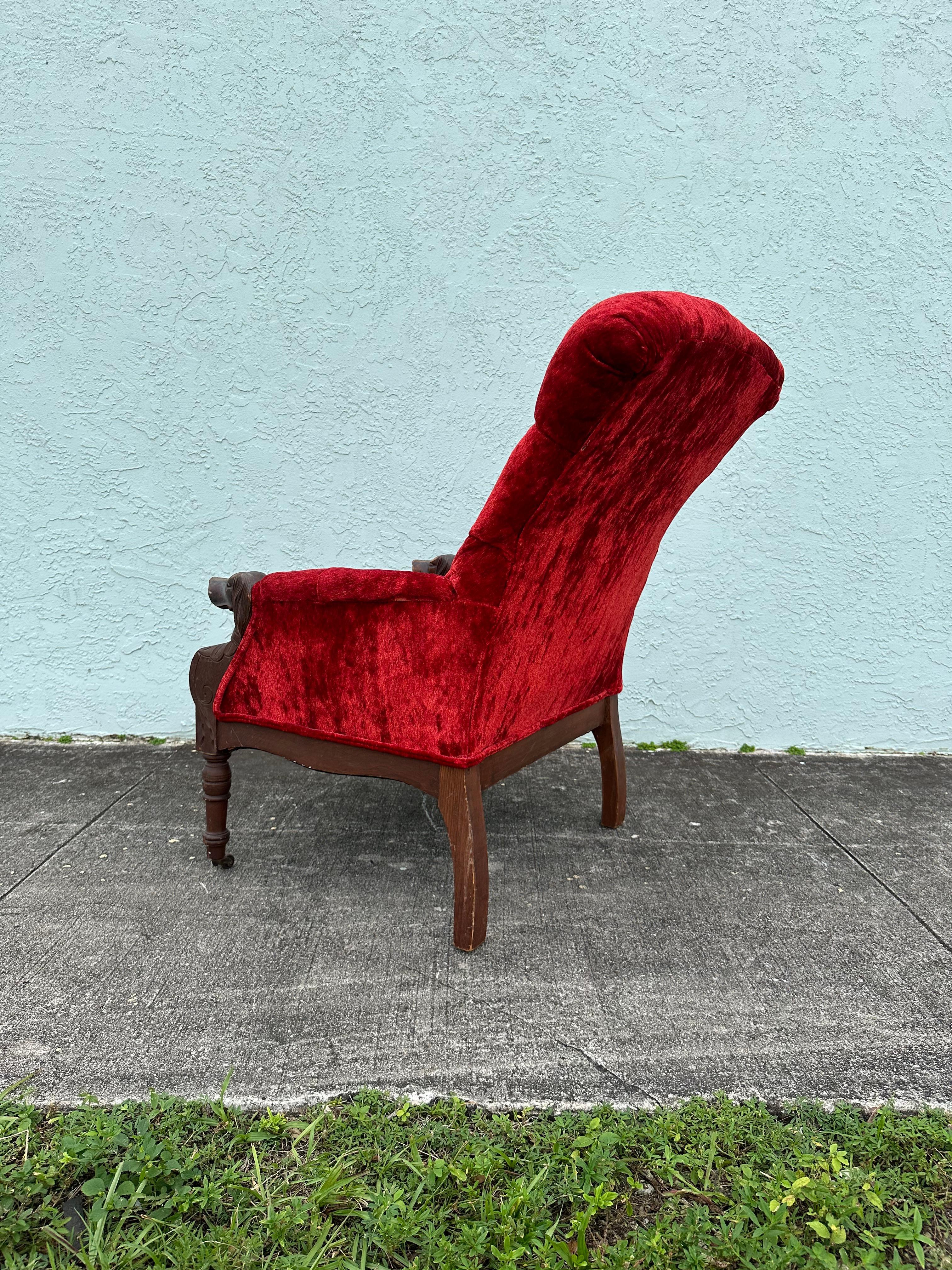 19th Century Red Velvet Carved Wood Dog Motif Library Club Chair For Sale 2