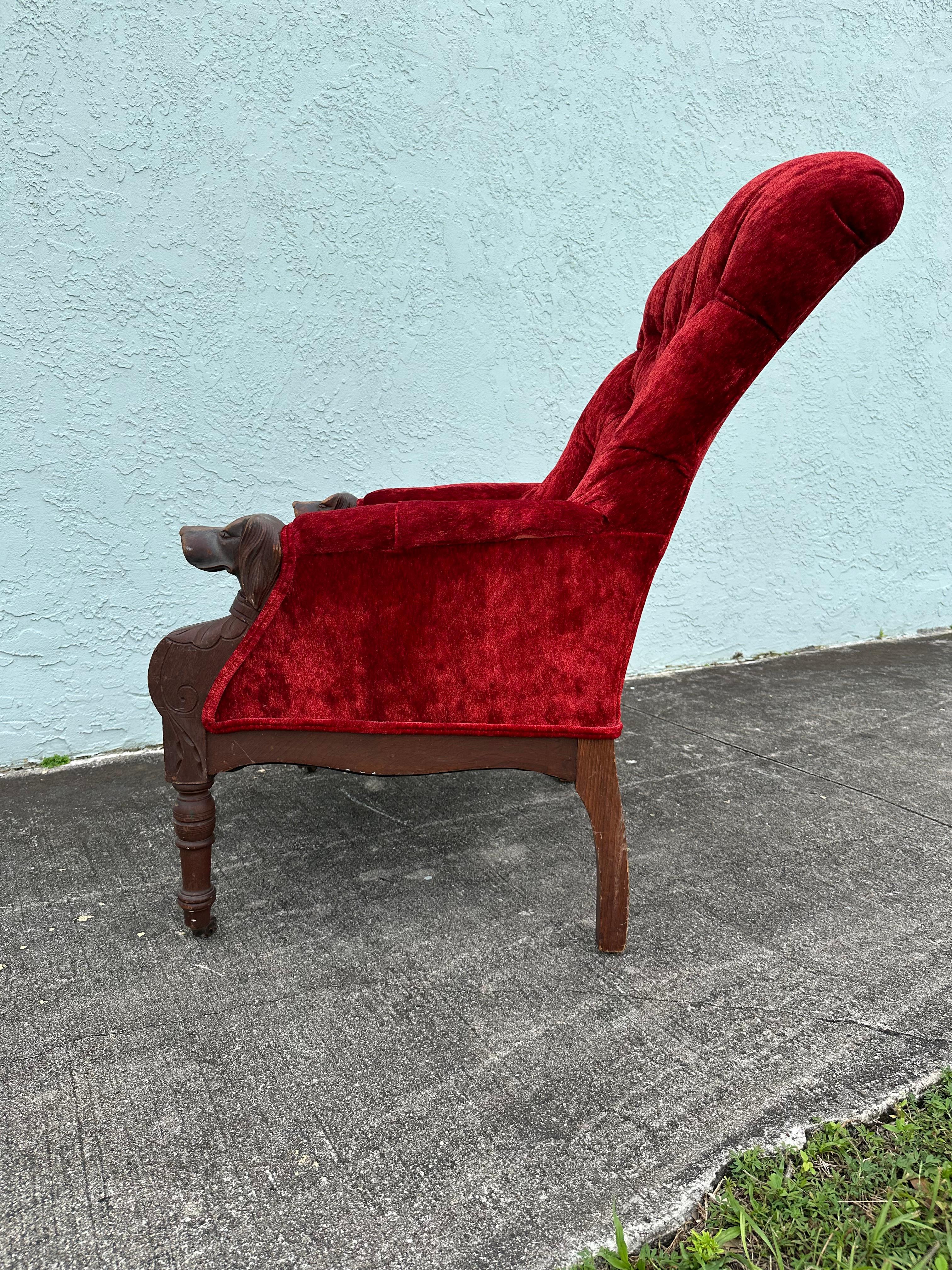 19th Century Red Velvet Carved Wood Dog Motif Library Club Chair For Sale 3