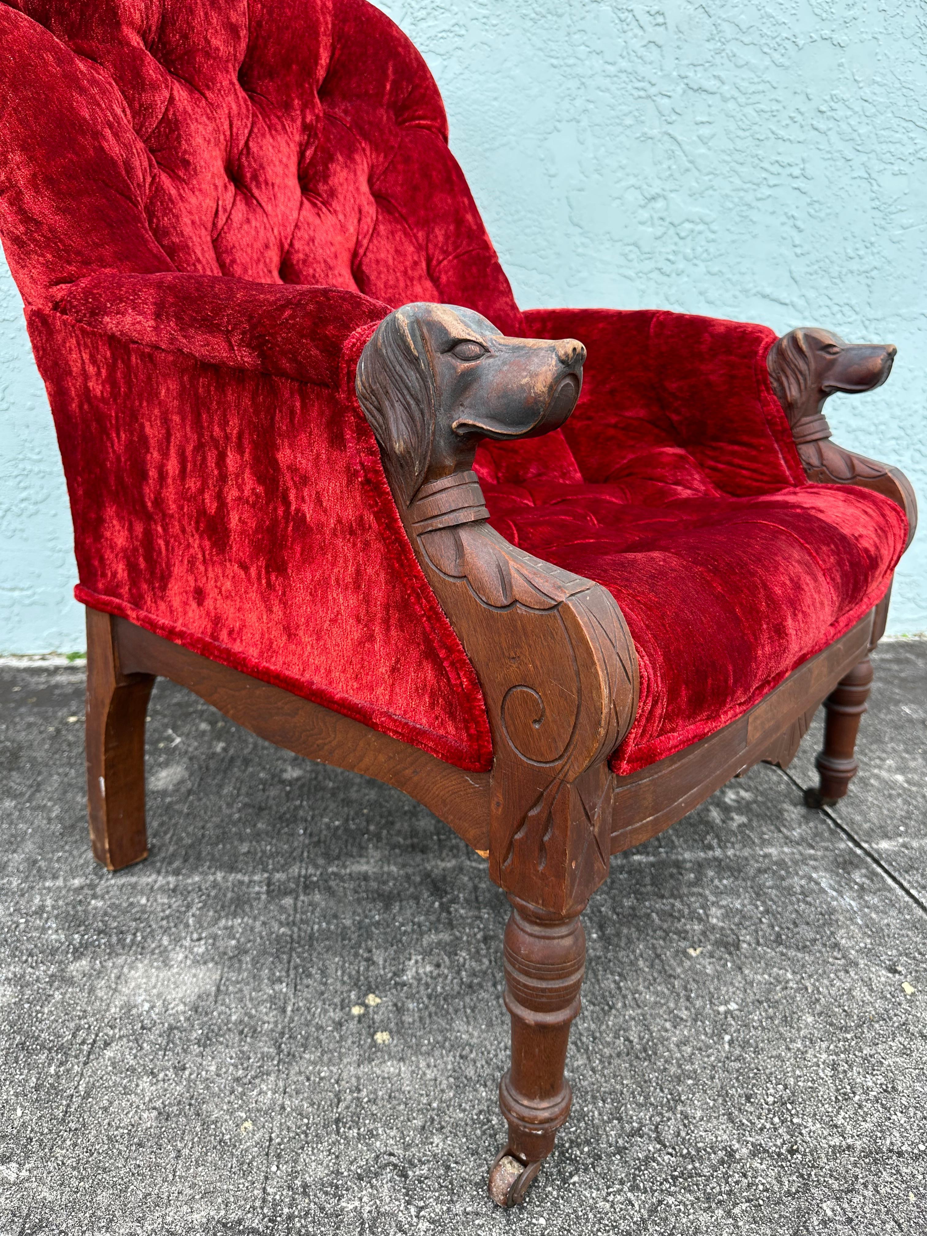 19th Century Red Velvet Carved Wood Dog Motif Library Club Chair For Sale 4