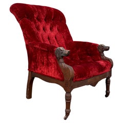 19th Century Red Velvet Carved Wood Dog Motif Library Club Chair