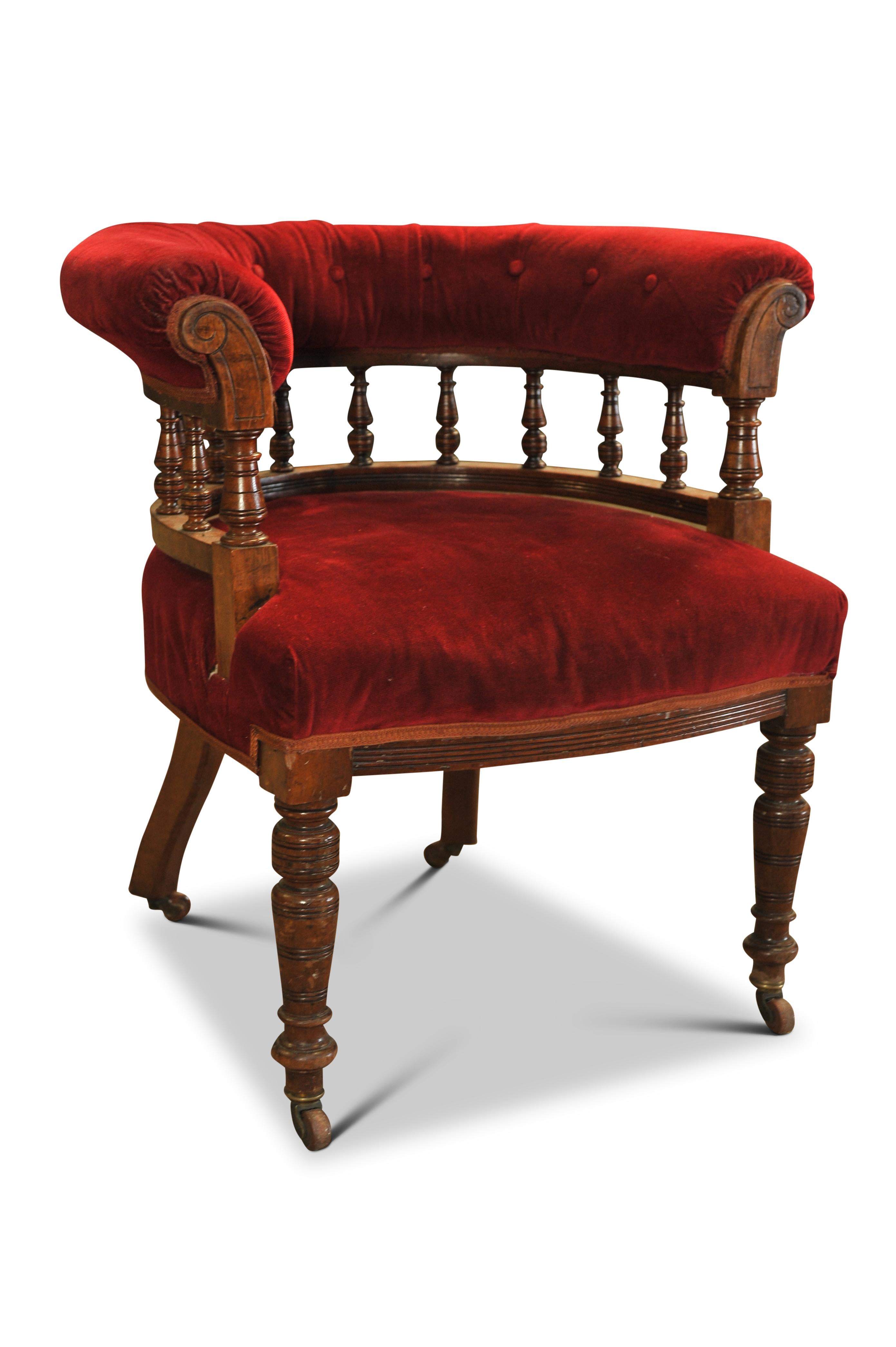 Victorian 19th Century Red Velvet Leather Buttonback Captains Chair With Porcelain Castors For Sale