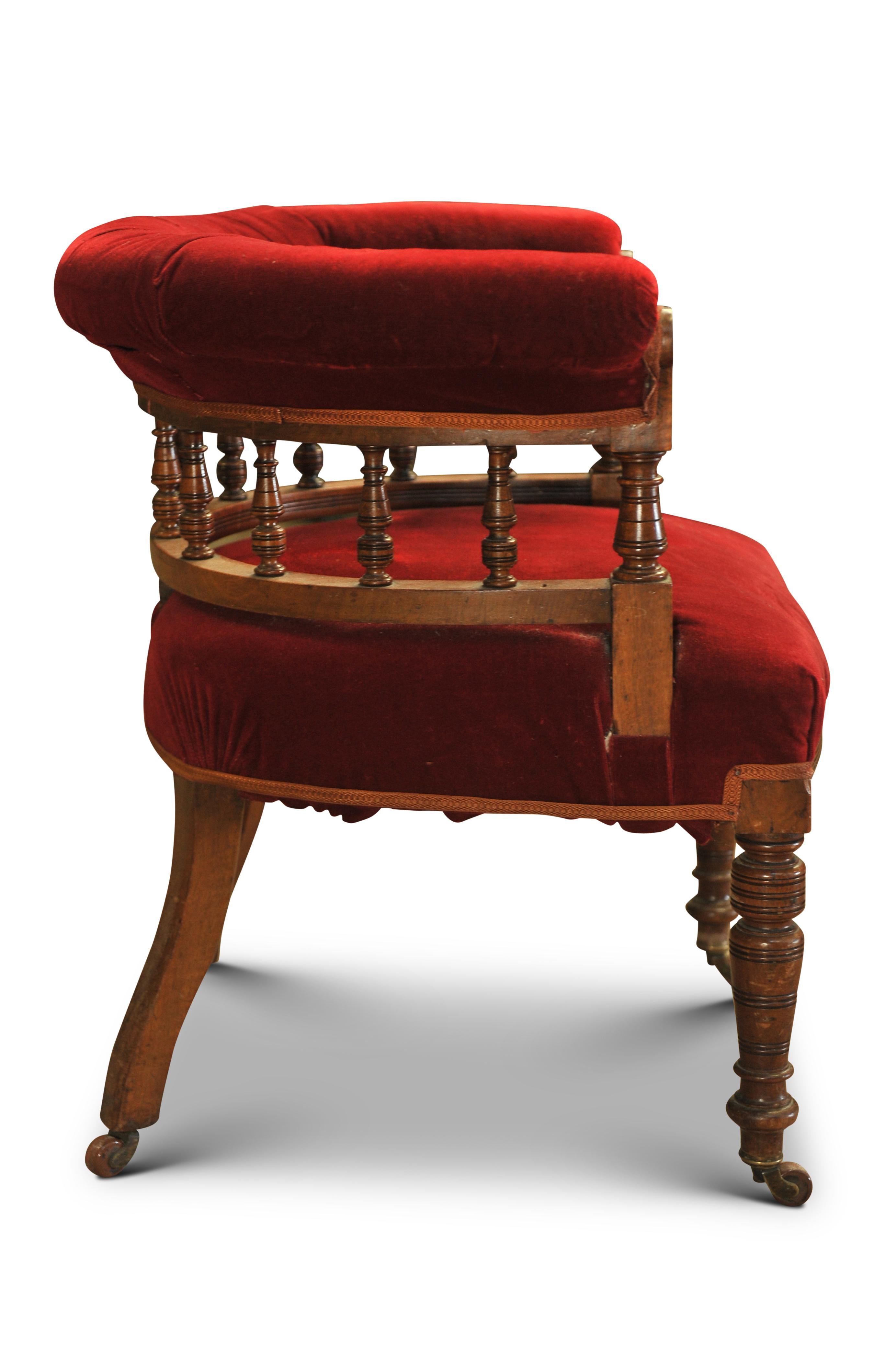 19th Century Red Velvet Leather Buttonback Captains Chair With Porcelain Castors In Good Condition For Sale In High Wycombe, GB