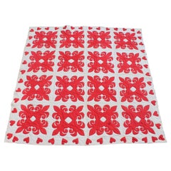19th Century Red & White Quilt with Hearts Suround