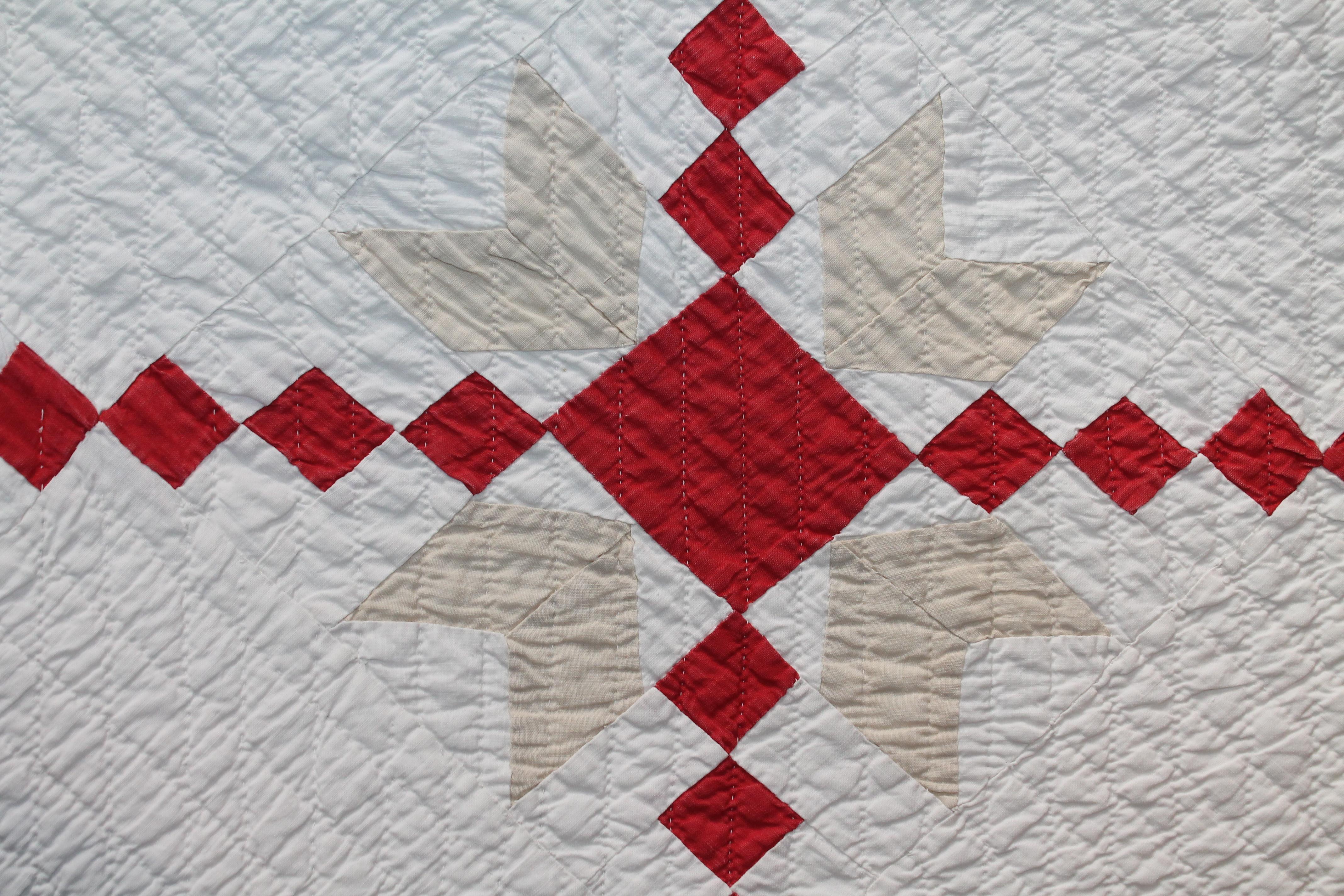 American 19th Century Red & White Quilt with Postage Stamp Chain Pattern 