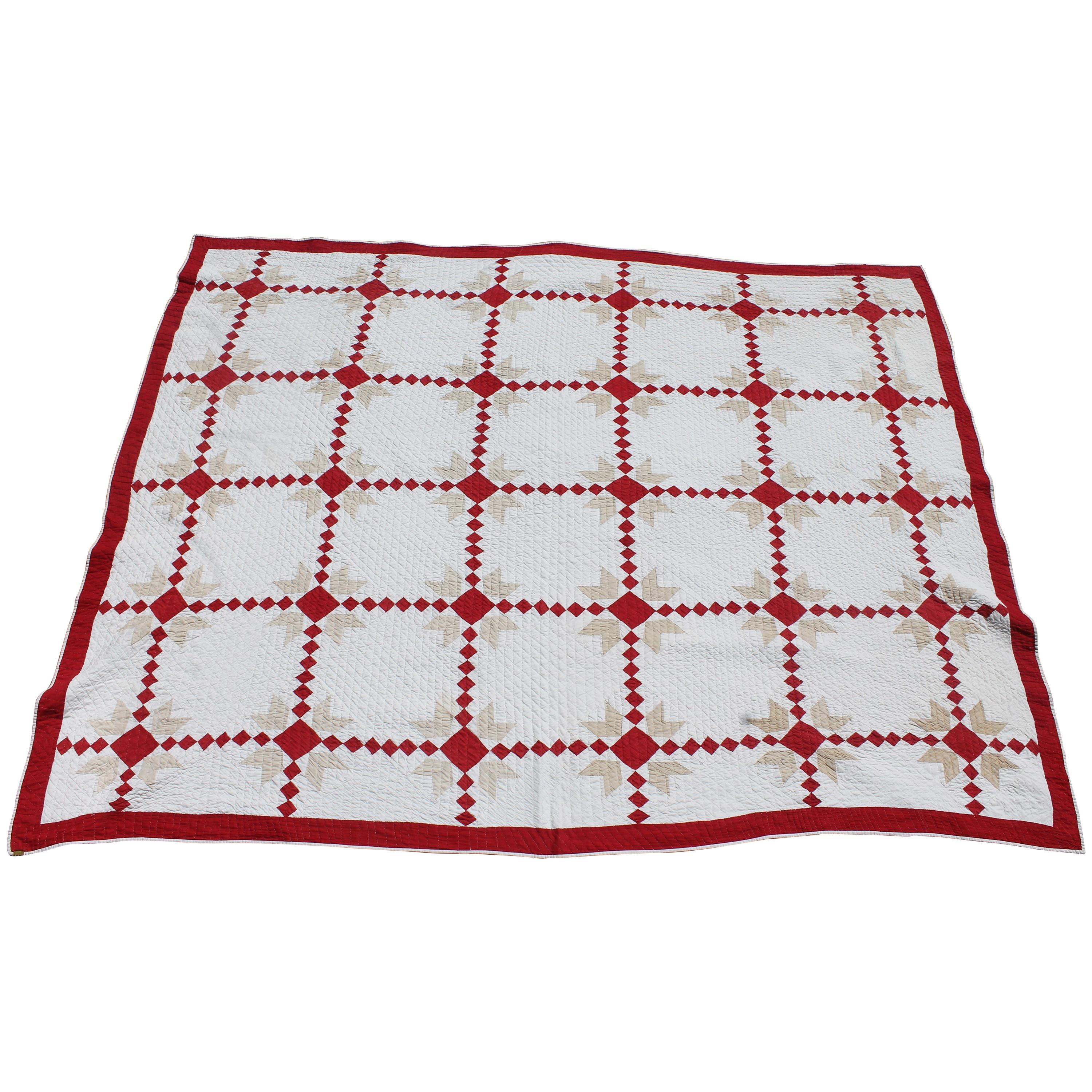 19th Century Red & White Quilt with Postage Stamp Chain Pattern 
