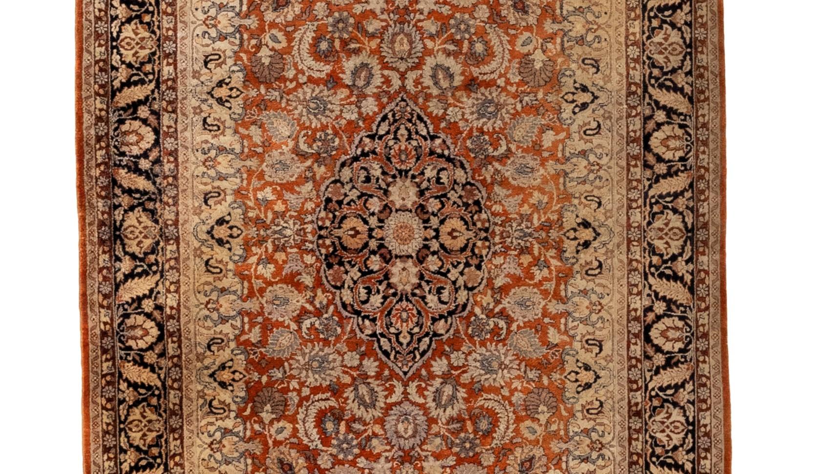 Hand-Knotted 19th Century RedIvory Field w/Central Medallion Trailing Floral Vines Keshan Rug For Sale