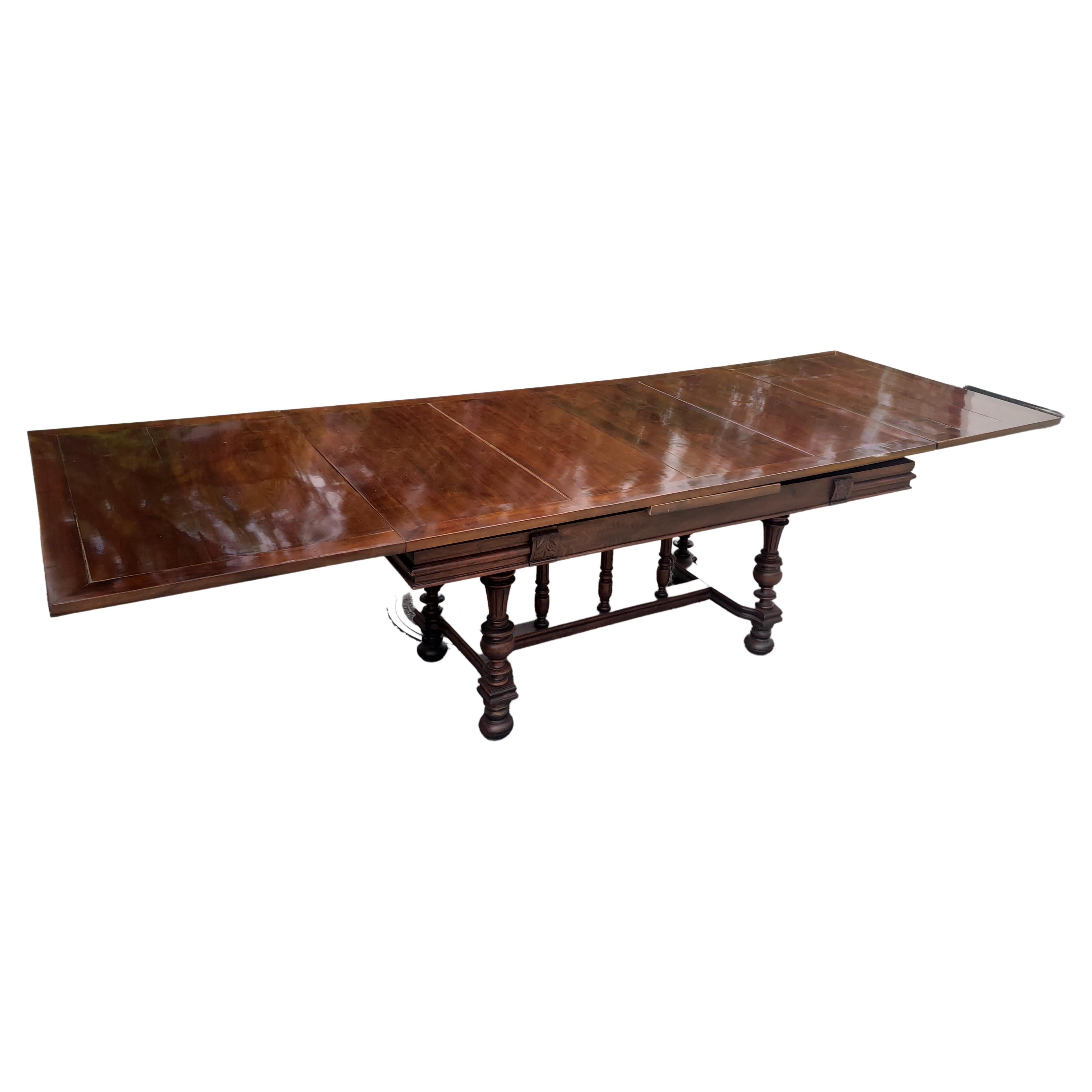 19th Century Refinished Walnut Stretcher Draw Leaf Dining Table 1