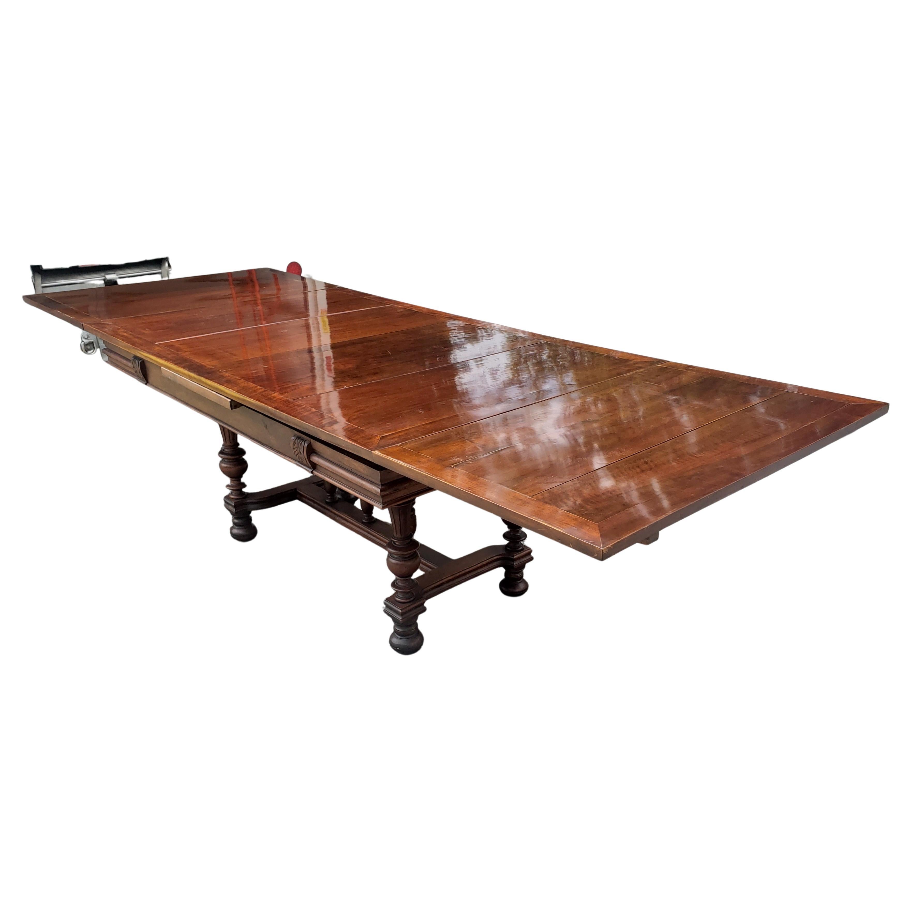 19th Century Refinished Walnut Stretcher Draw Leaf Dining Table 2