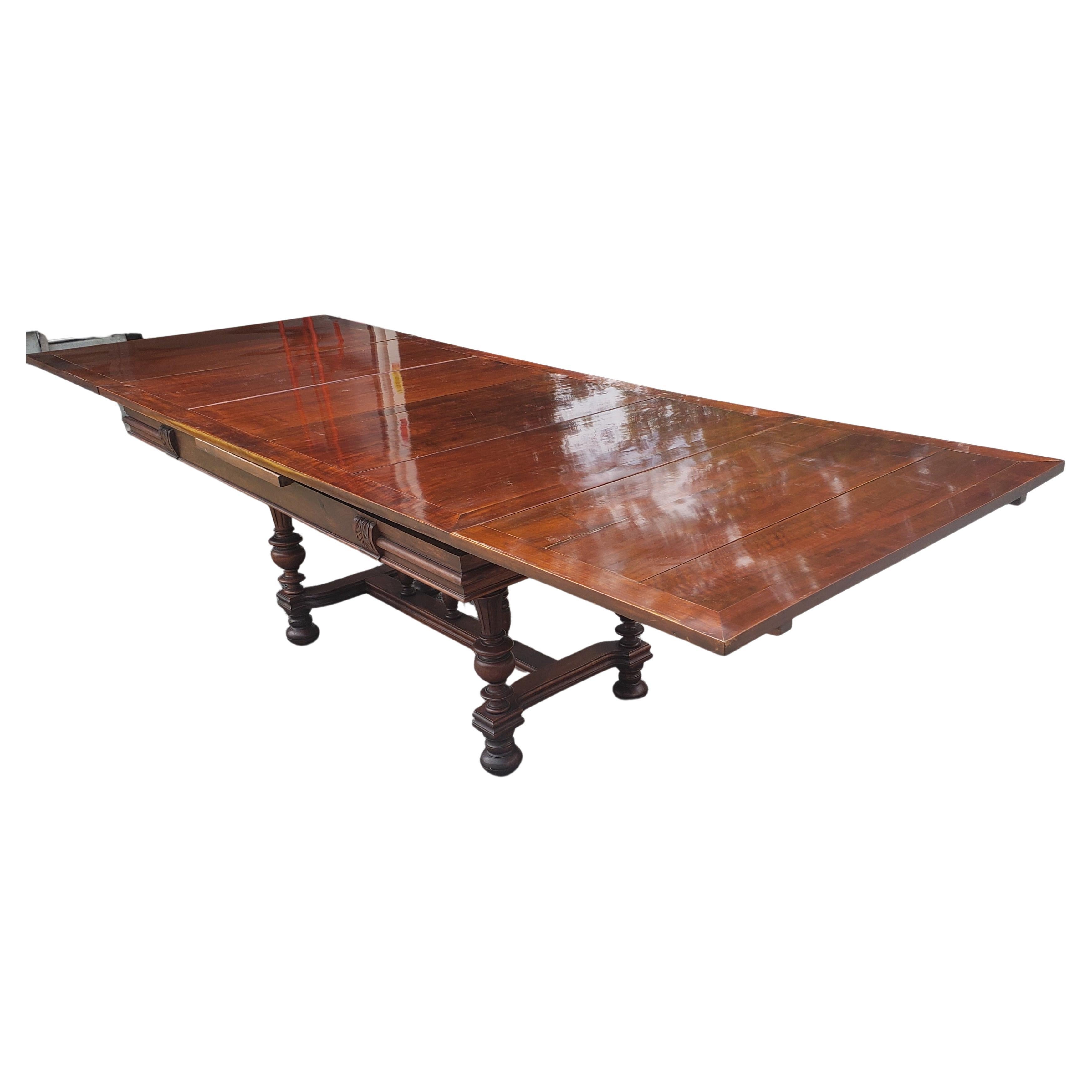 19th Century Refinished Walnut Stretcher Draw Leaf Dining Table 3