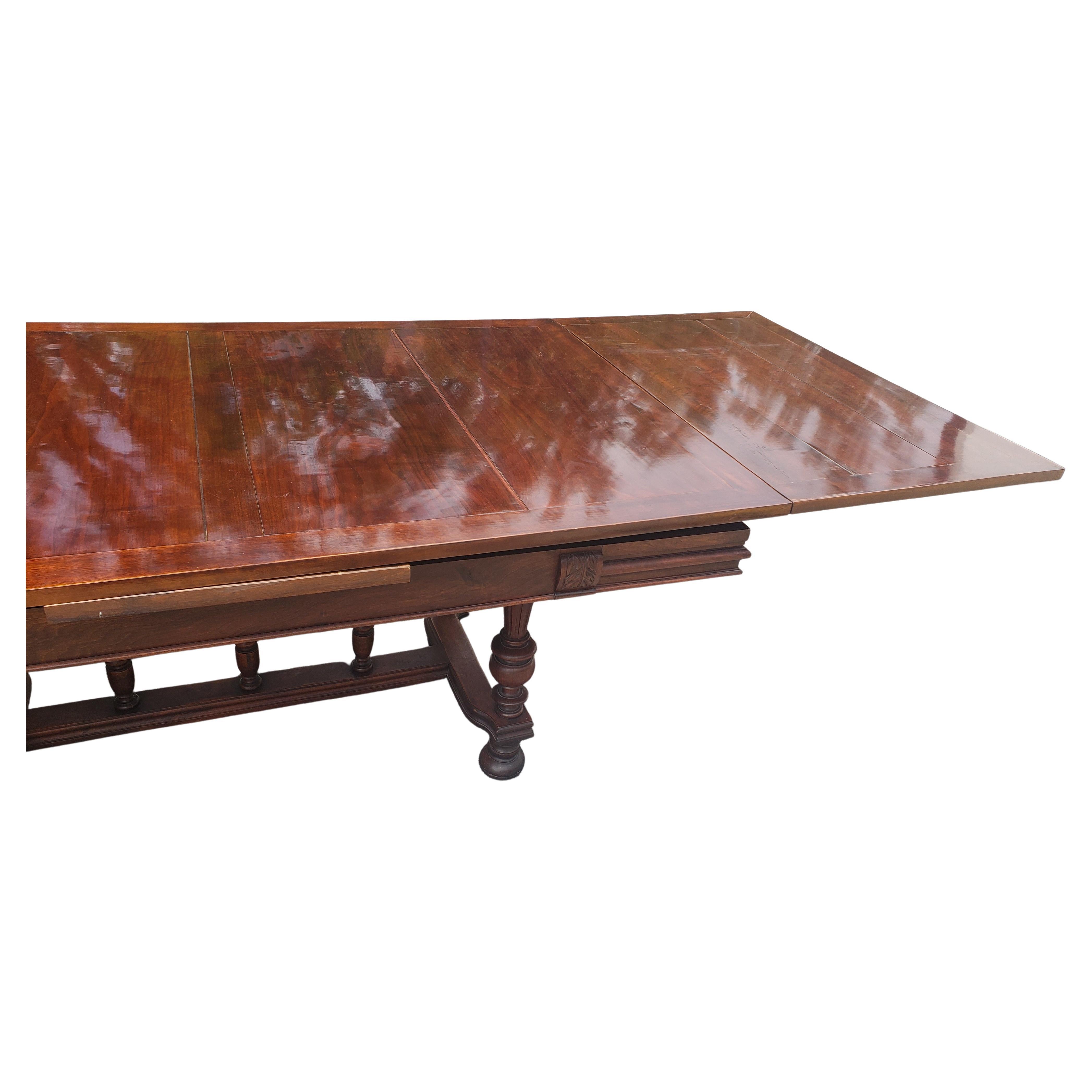 19th Century Refinished Walnut Stretcher Draw Leaf Dining Table 4