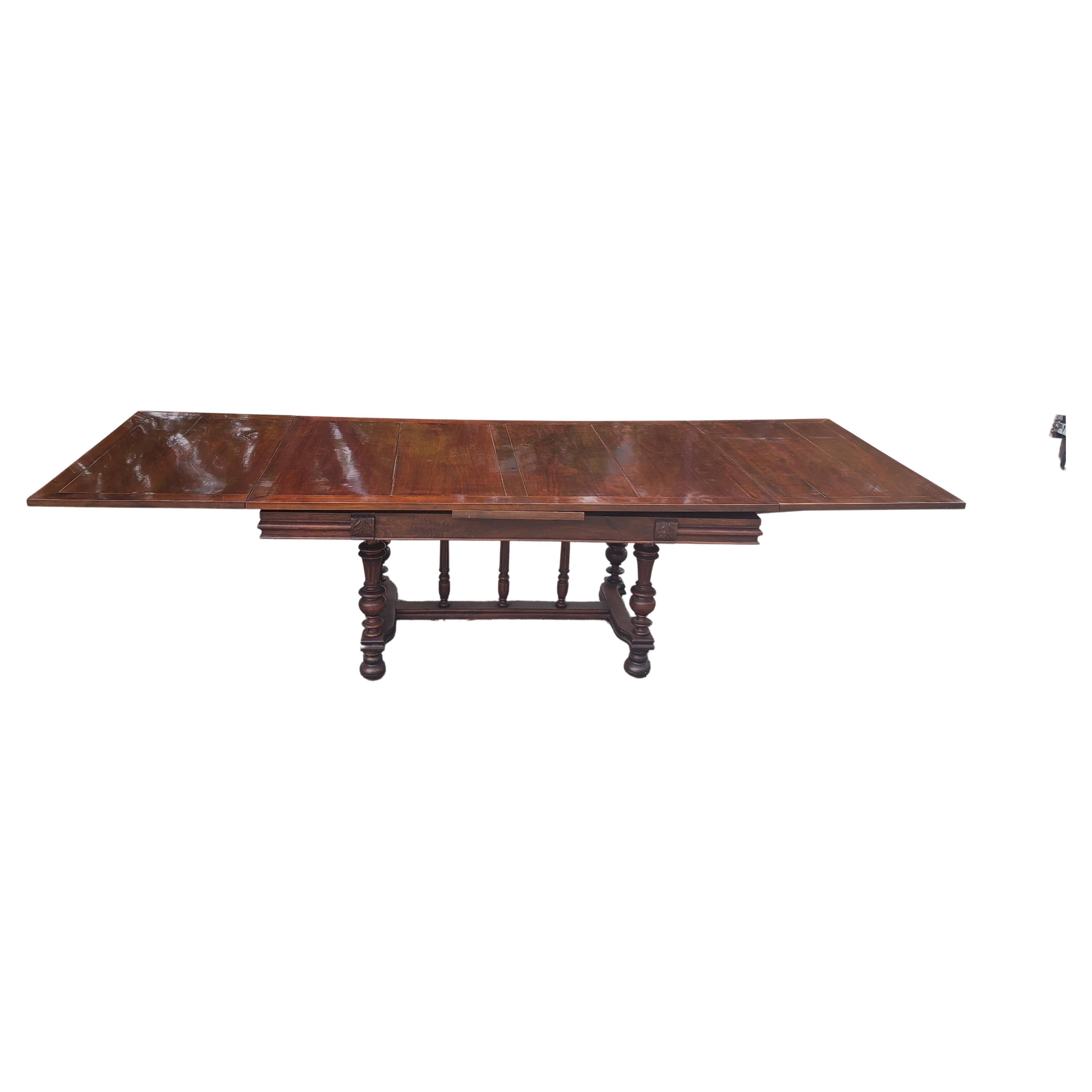 Late Victorian 19th Century Refinished Walnut Stretcher Draw Leaf Dining Table