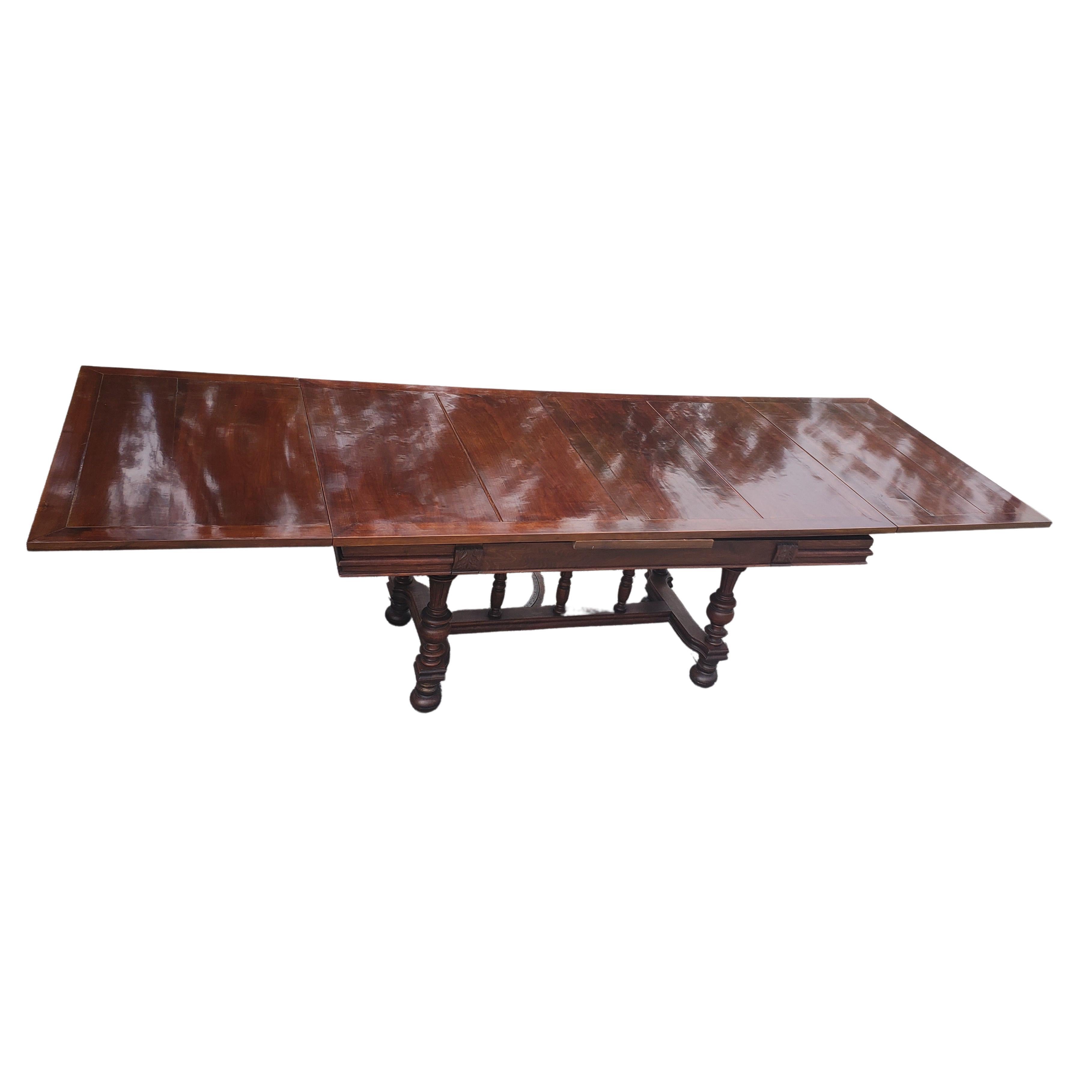 American 19th Century Refinished Walnut Stretcher Draw Leaf Dining Table