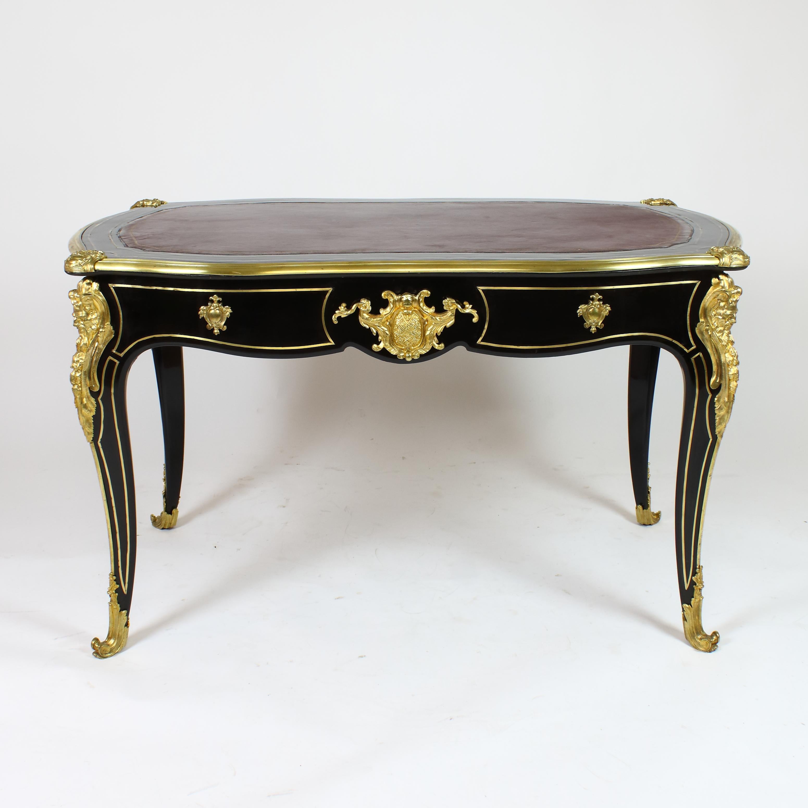 19. Jahrhundert Rgence Napoleon III Ebonisiert Schreibtisch/Bureau Plat gestempelt Gros/Paris (Bronze) im Angebot