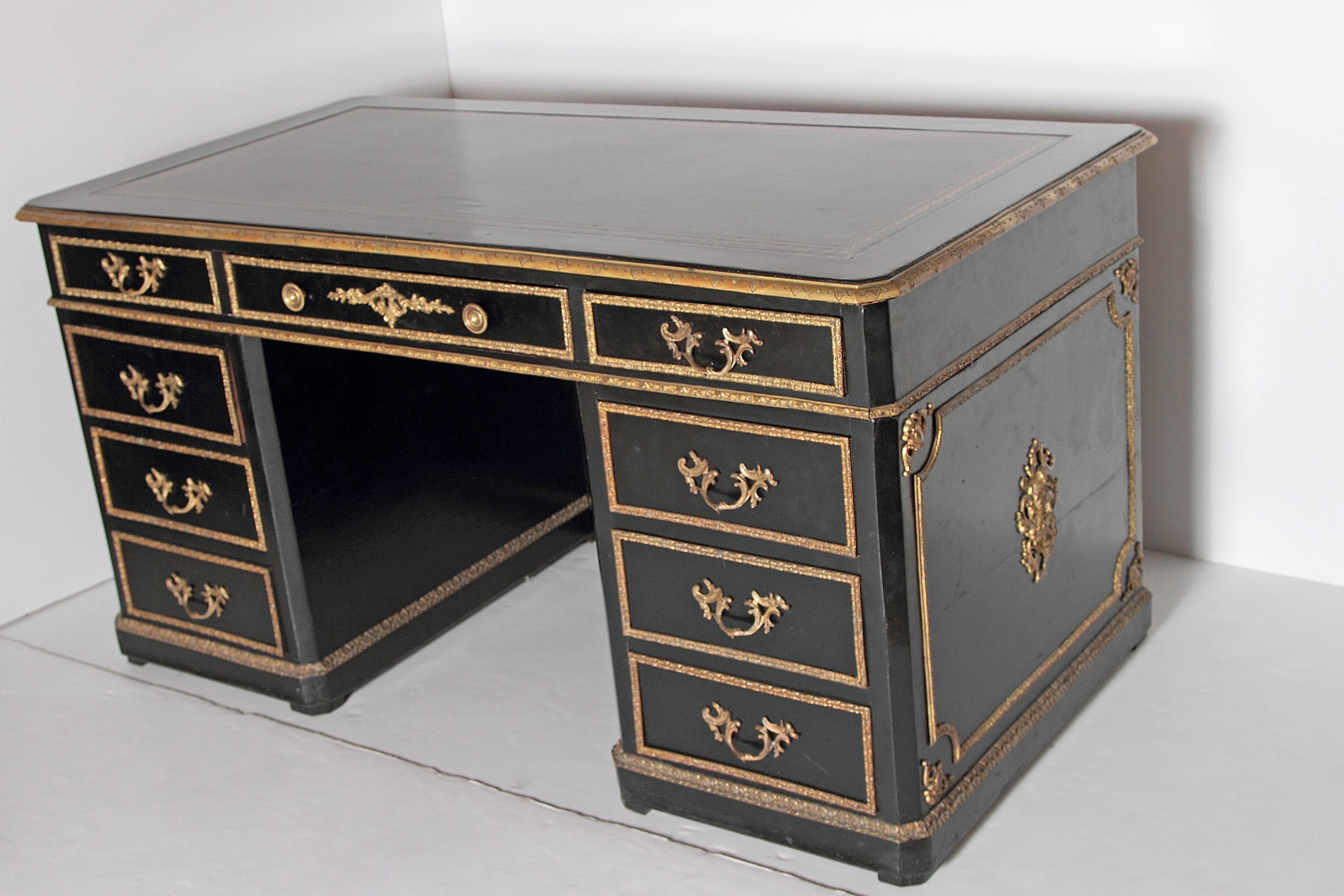 French 19th Century Regence Style Pedestal Desk with Black Leather Top