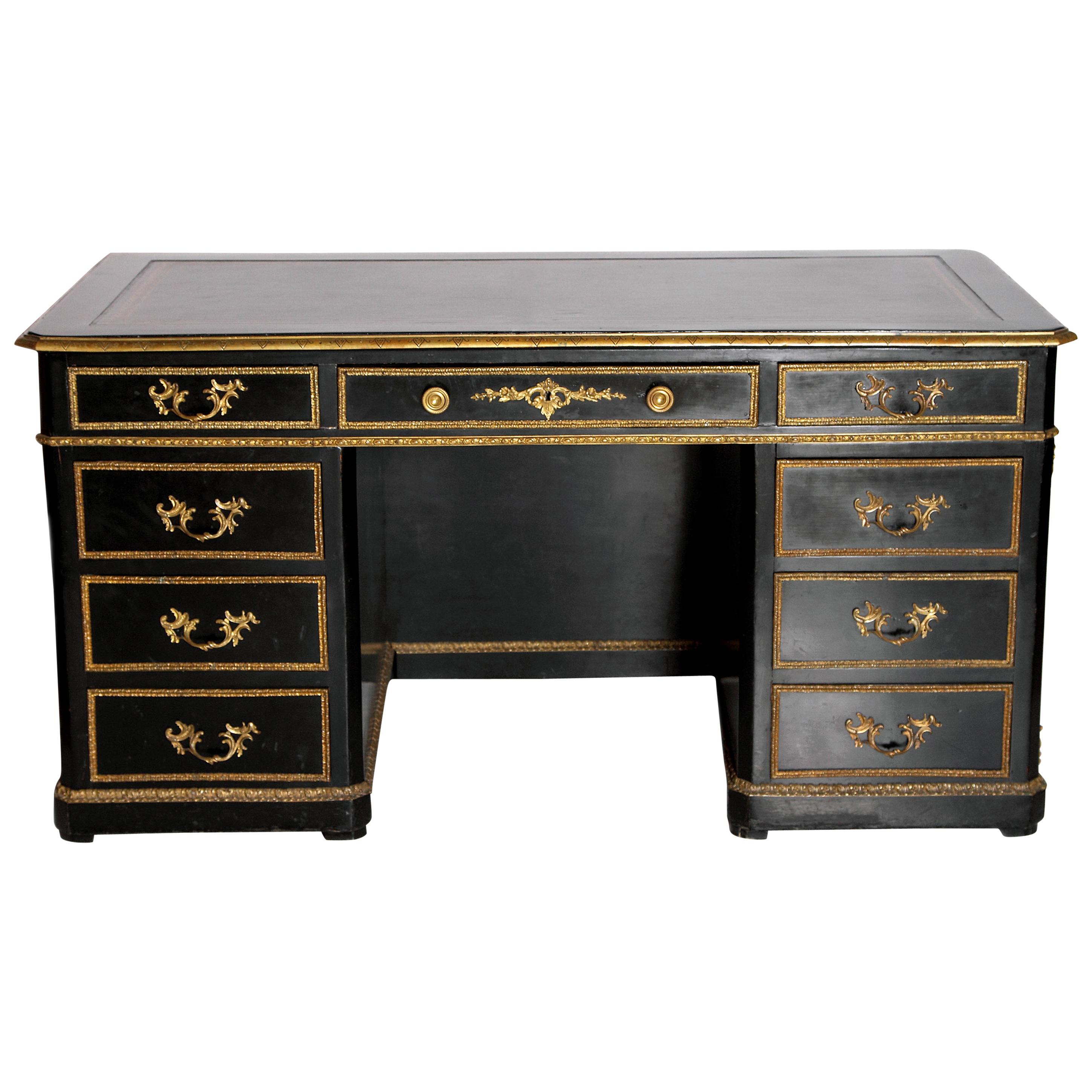 19th Century Regence Style Pedestal Desk with Black Leather Top
