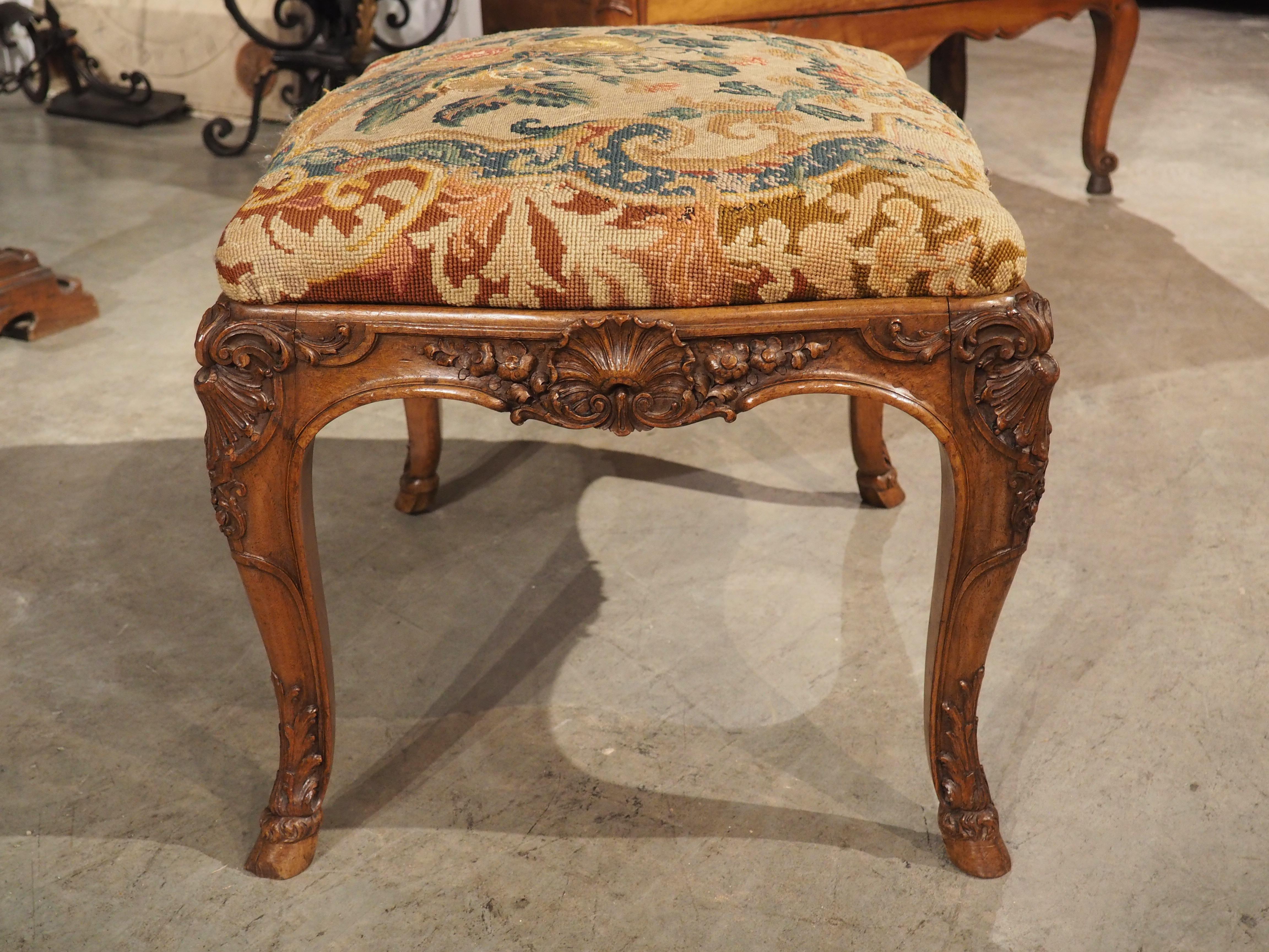 Upholstery 19th Century Regence Tabouret in Carved Walnut by A. Dubois, Le Mans, France For Sale