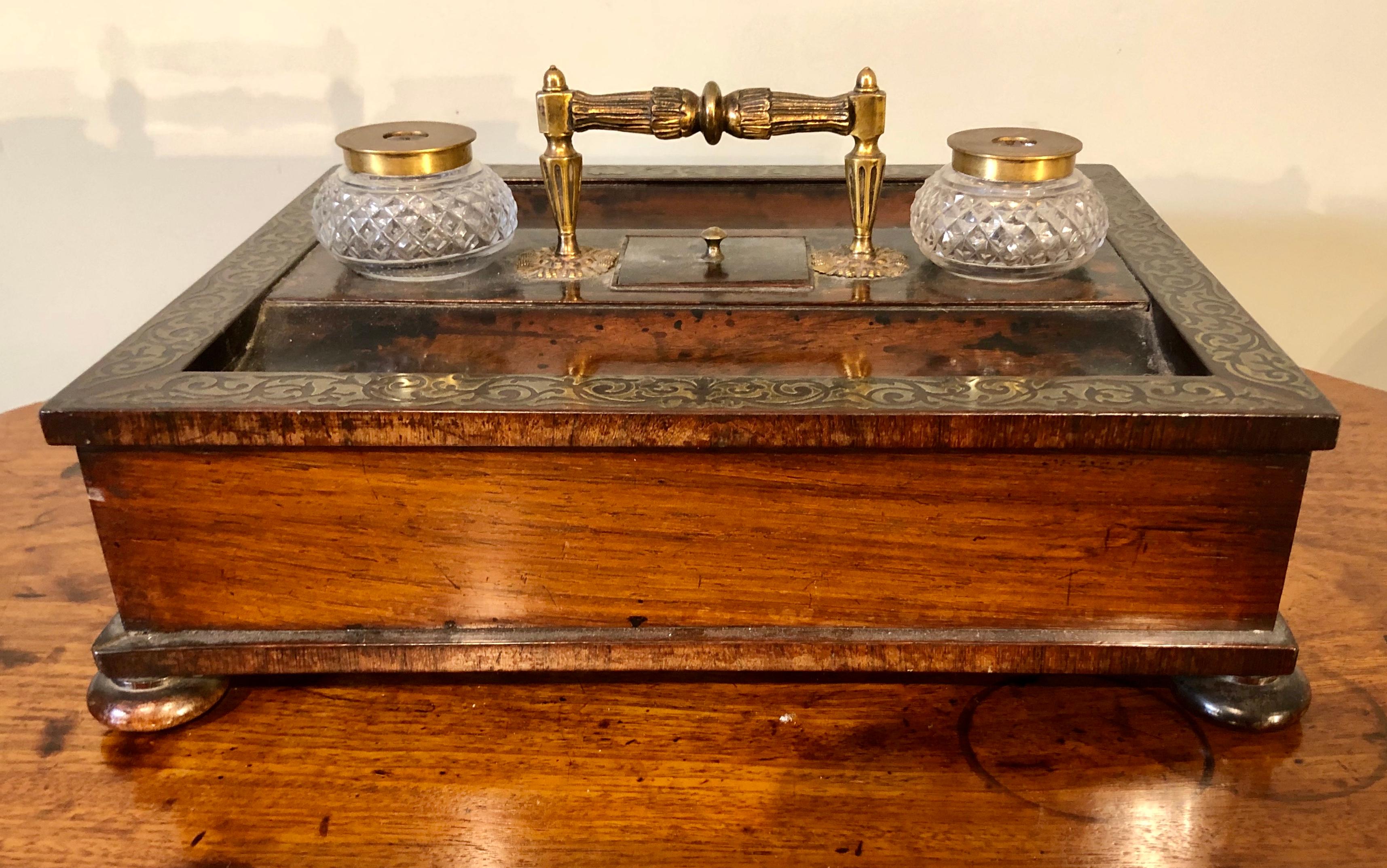 19th Century Regency Brass Inlaid Desk Pen and Ink Stand 4