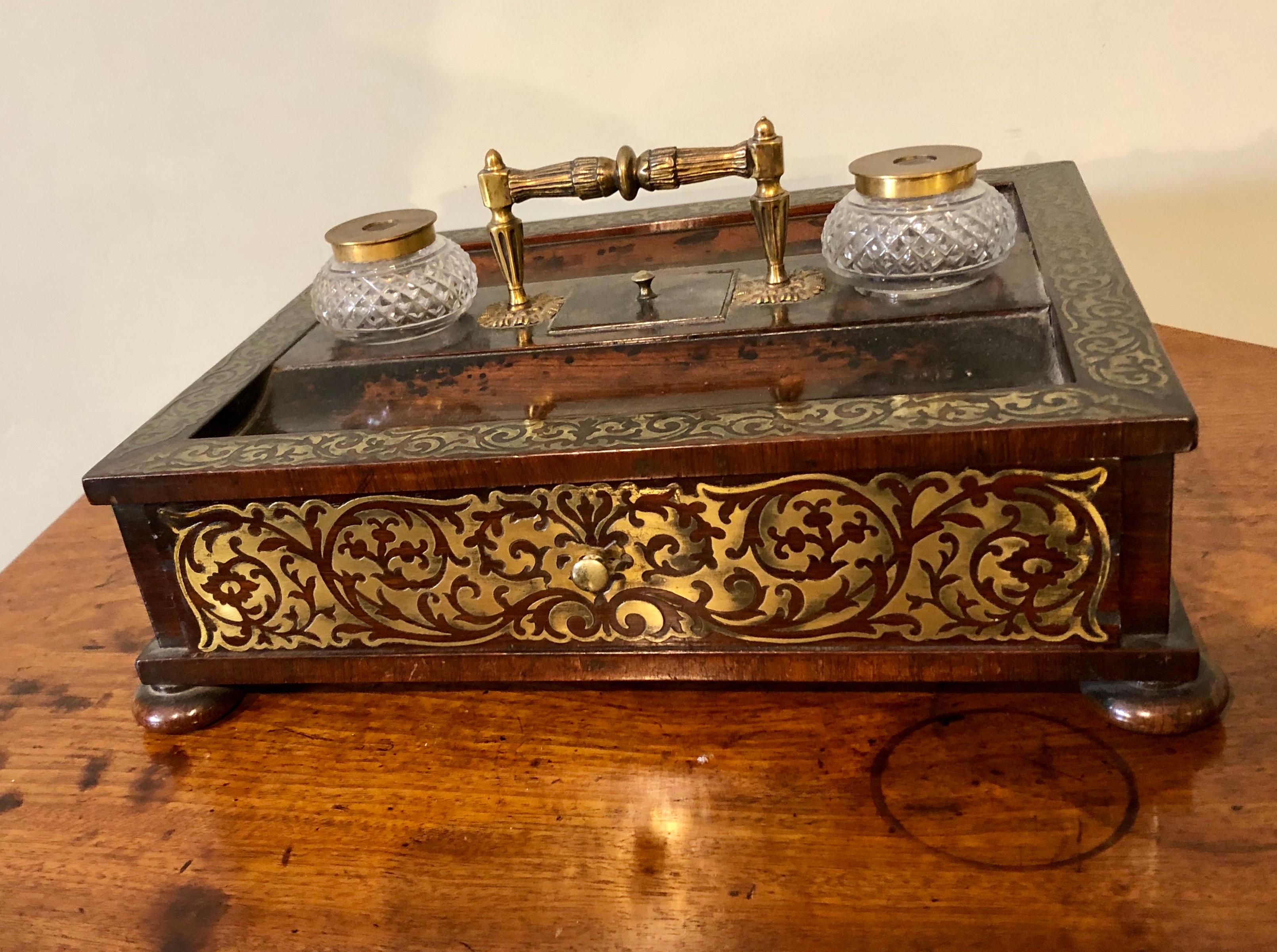 English 19th Century Regency Brass Inlaid Desk Pen and Ink Stand