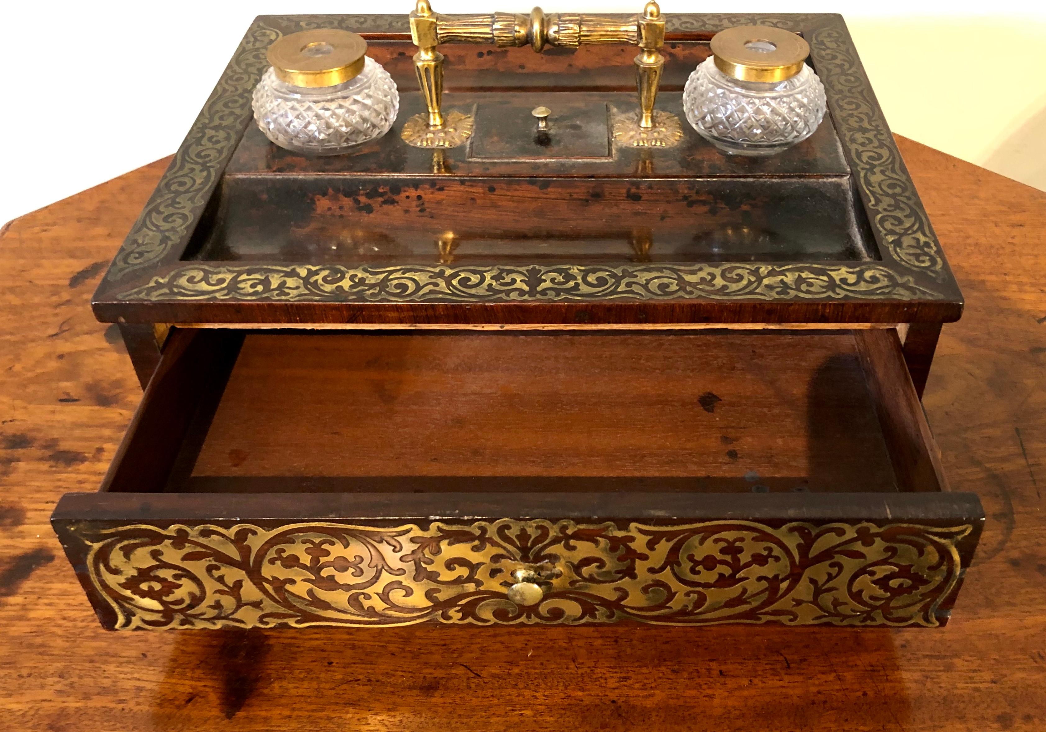 19th Century Regency Brass Inlaid Desk Pen and Ink Stand 1
