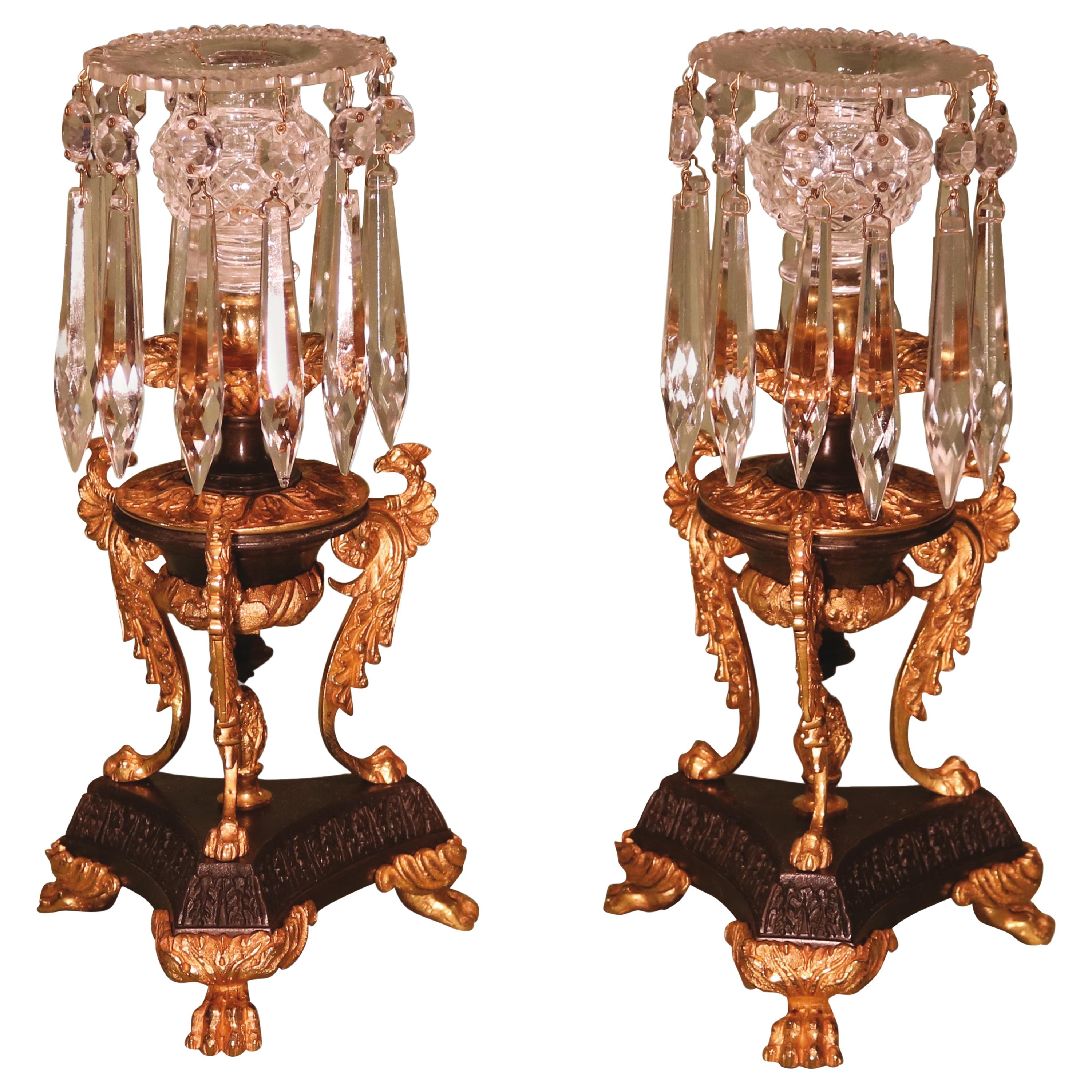 19th Century Regency Bronze Ormolu and Glass Lustre Candlesticks