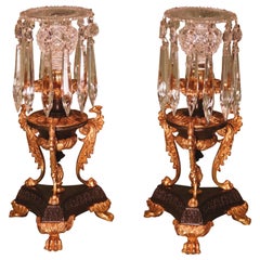 Antique 19th Century Regency Bronze Ormolu and Glass Lustre Candlesticks