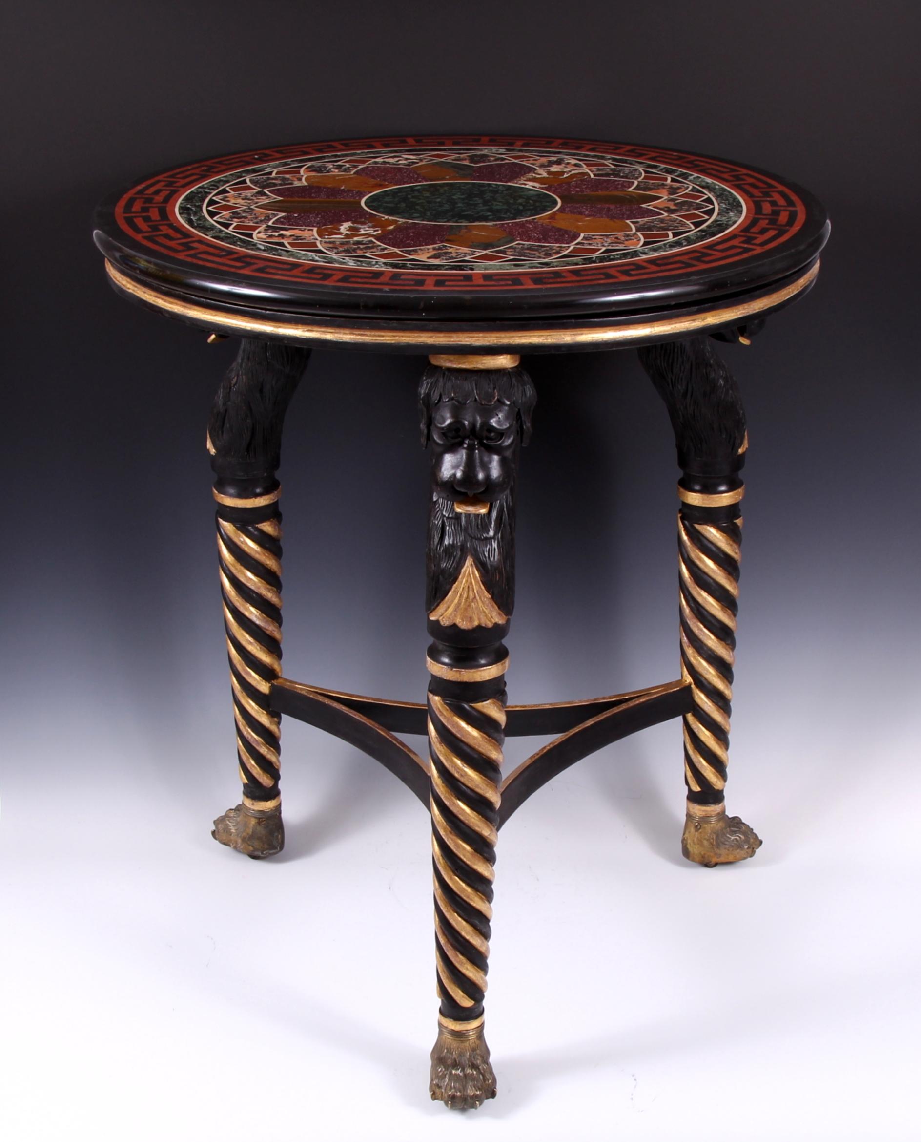 Important and extremely rare early 19th century bronzed wood and parcel-gilt specimen hardstone table. The attention to detail and artistic design of this truly exceptional masterpiece is a delight to behold. The outstanding inlaid top, brought back