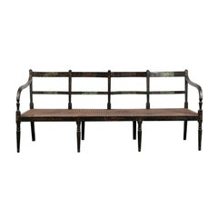 19th Century Regency Caned Wood Ebonized Bench, Original Paint