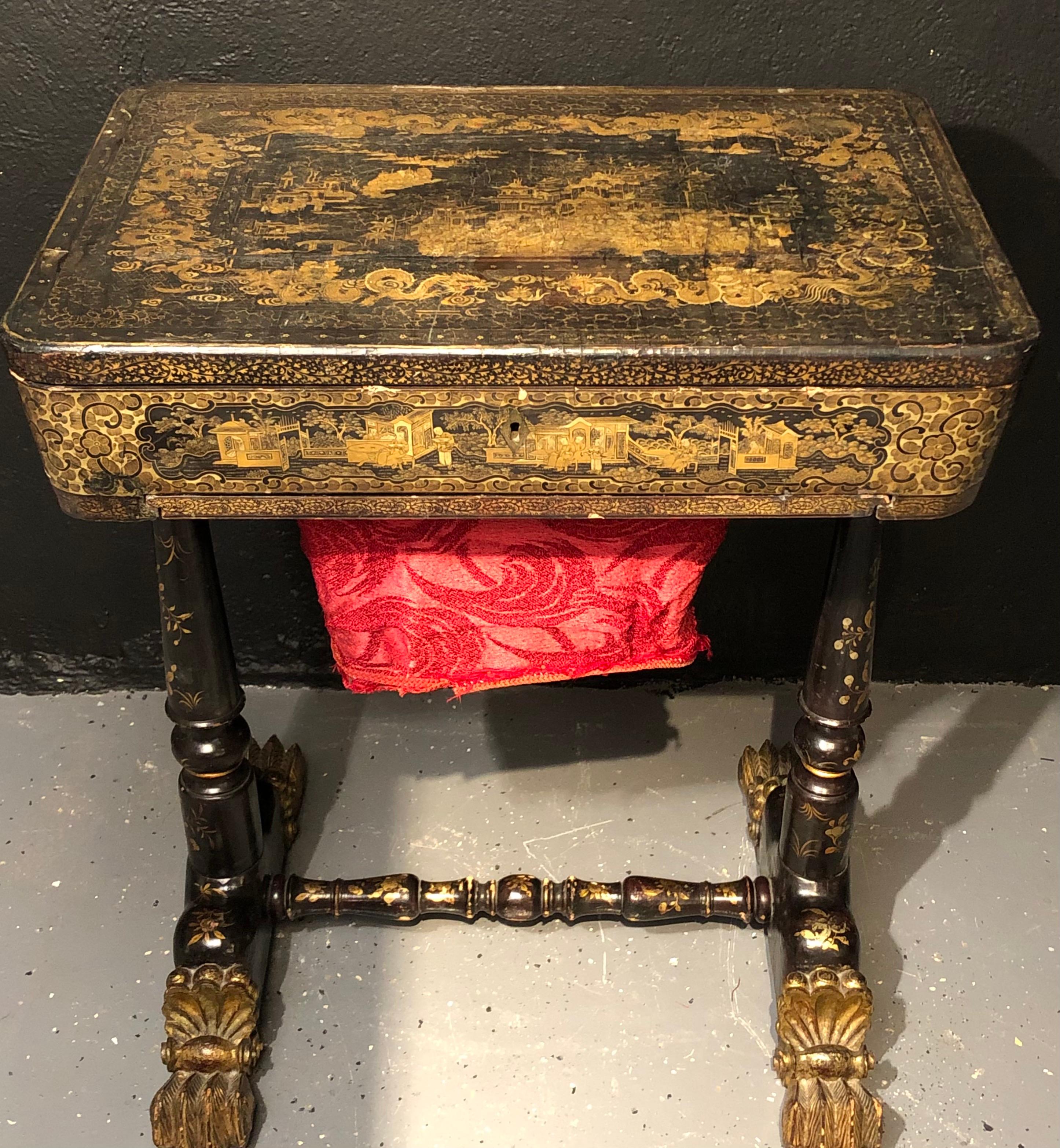 19th century regency chinoiserie decorated sewing stand with elaborate detail. This is simply the finest in sewing tables with a pedigree to match. This regency chinoiserie sewing table, circa 1820, in black lacquer with hand painted elaborate