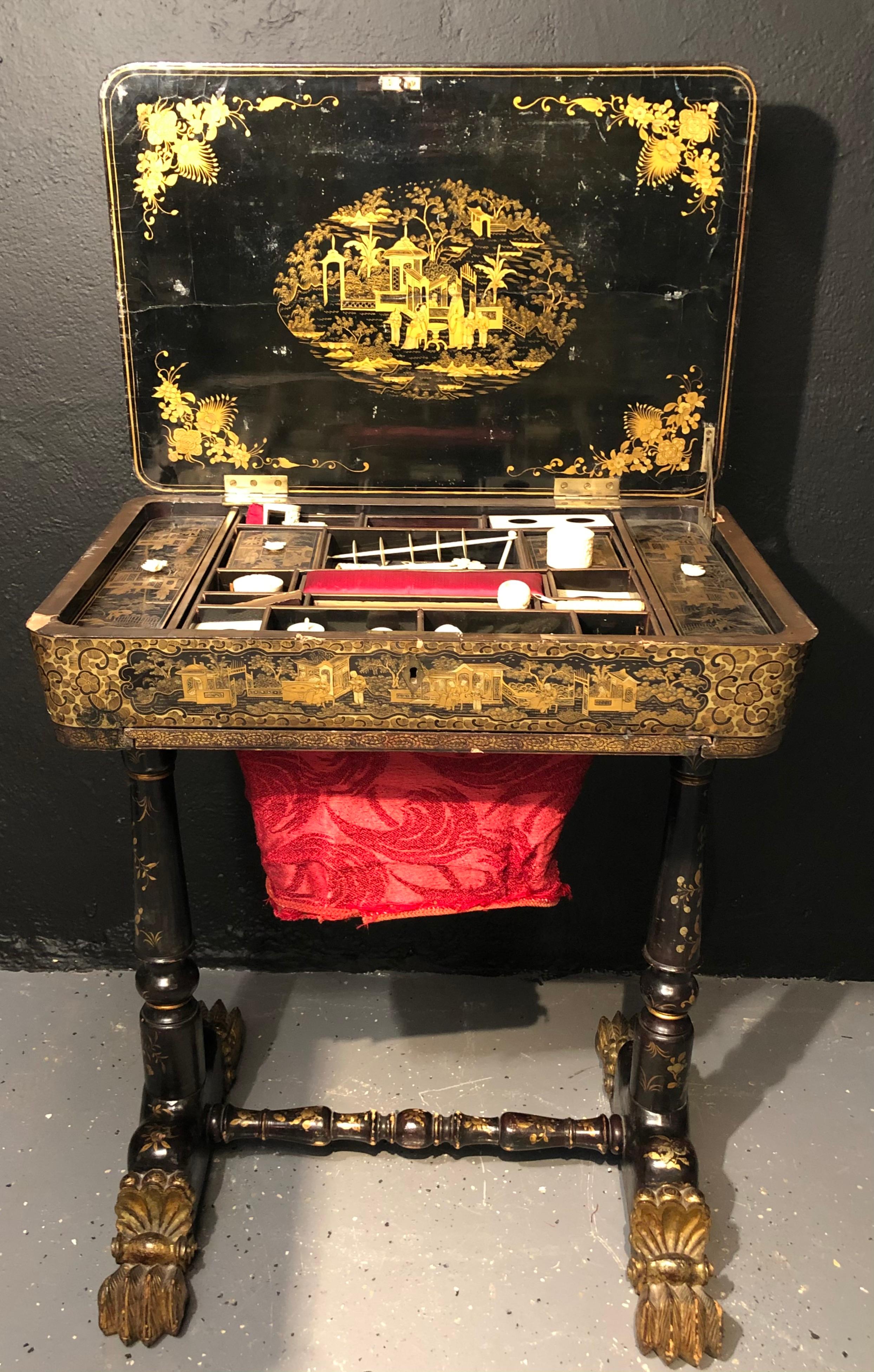 Hand-Painted 19th Century Regency Chinoiserie Decorated Sewing Stand with Elaborate Detail