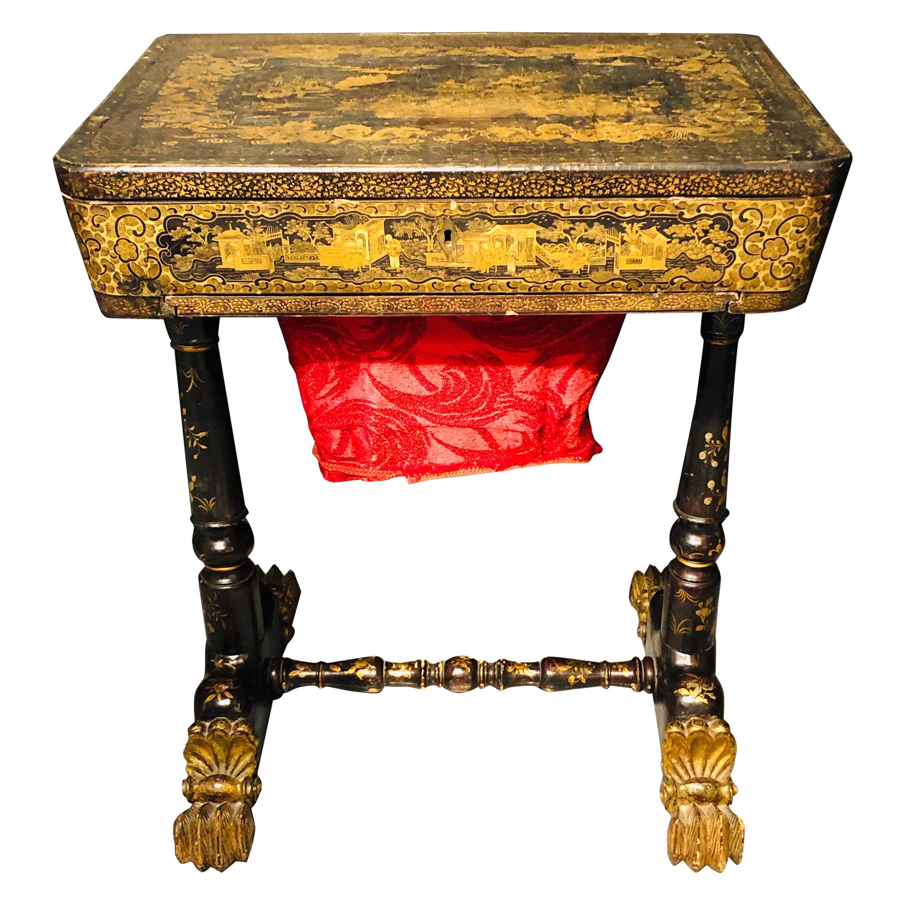 19th Century Regency Chinoiserie Decorated Sewing Stand with Elaborate Detail