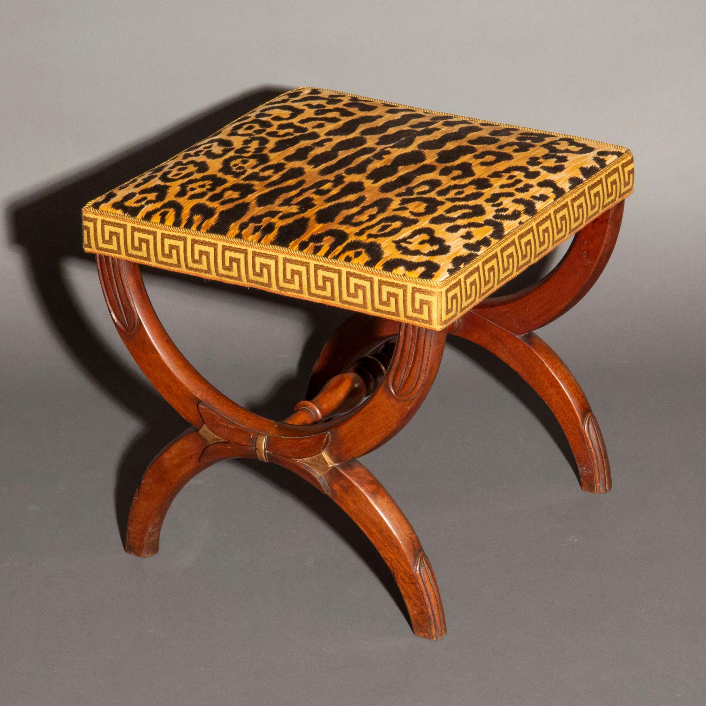 British Antique Curule Stool in Leopard Print and Greek Key Border For Sale