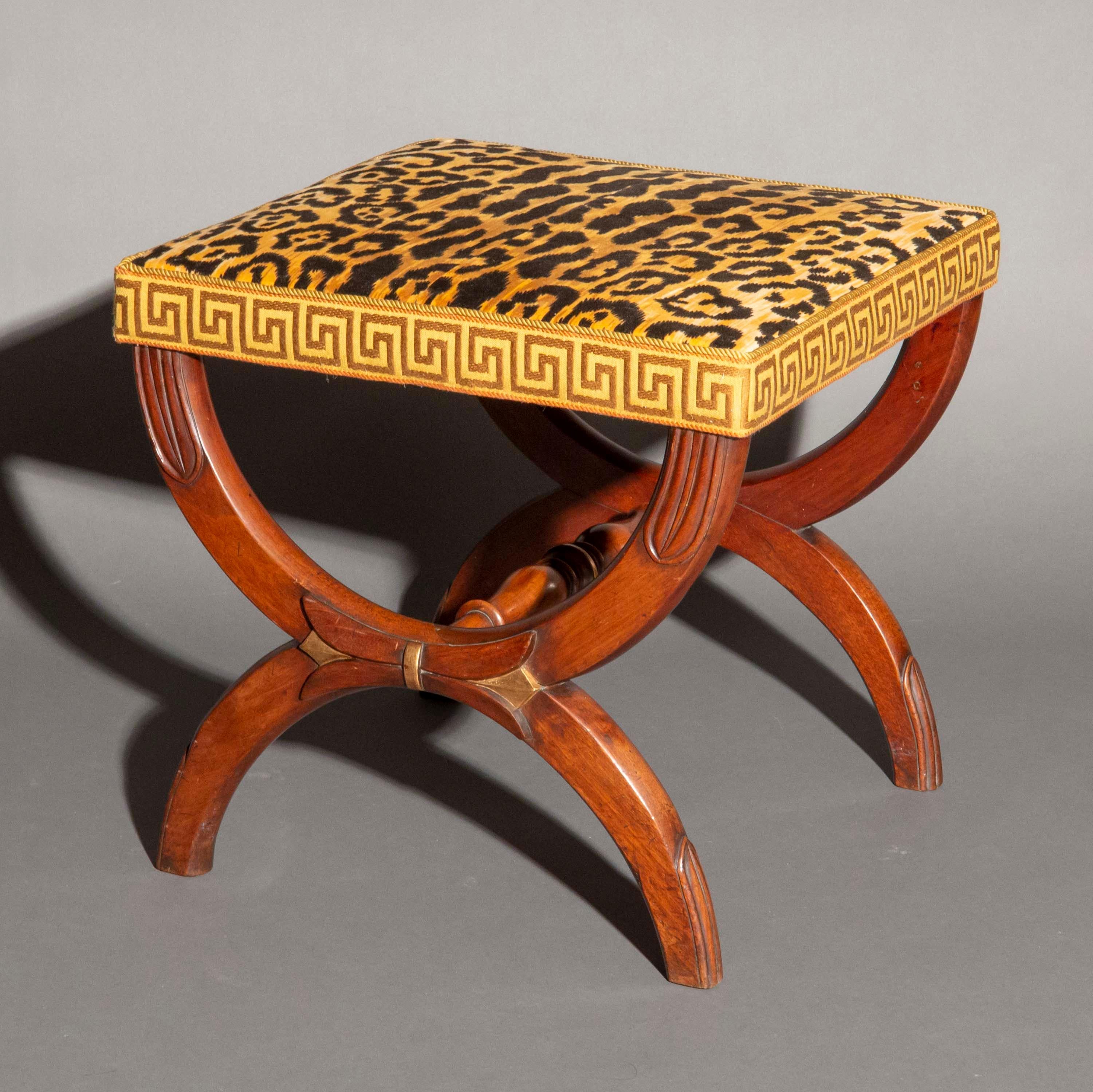 Carved Antique Curule Stool in Leopard Print and Greek Key Border