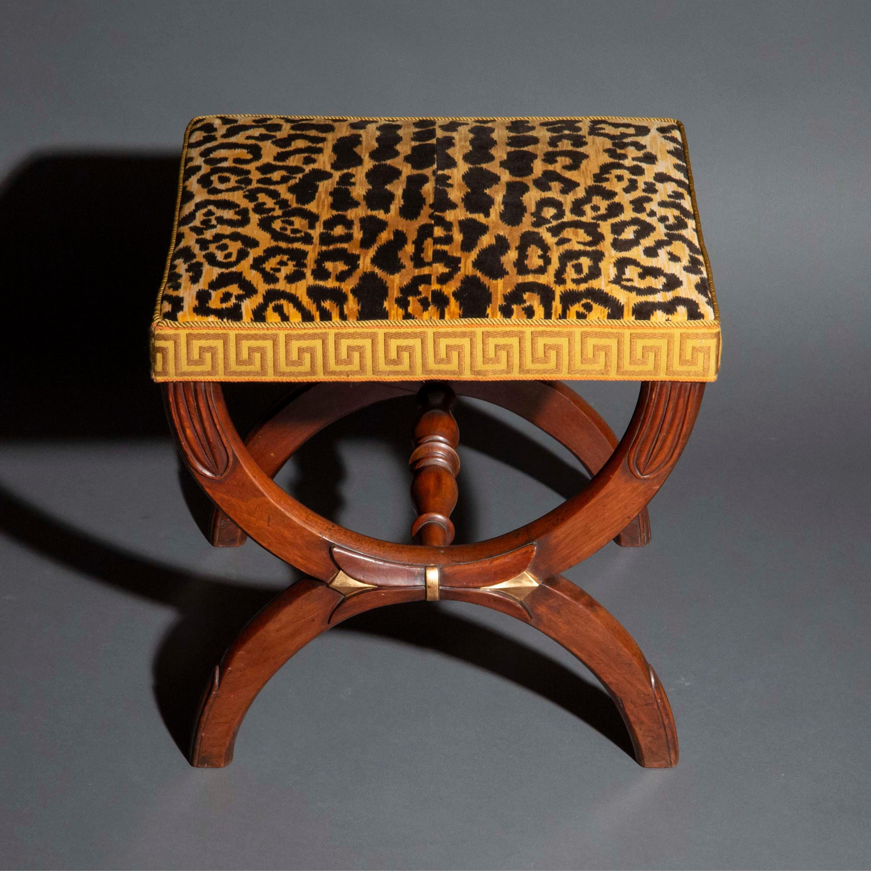 Antique Curule Stool in Leopard Print and Greek Key Border In Good Condition For Sale In London, GB