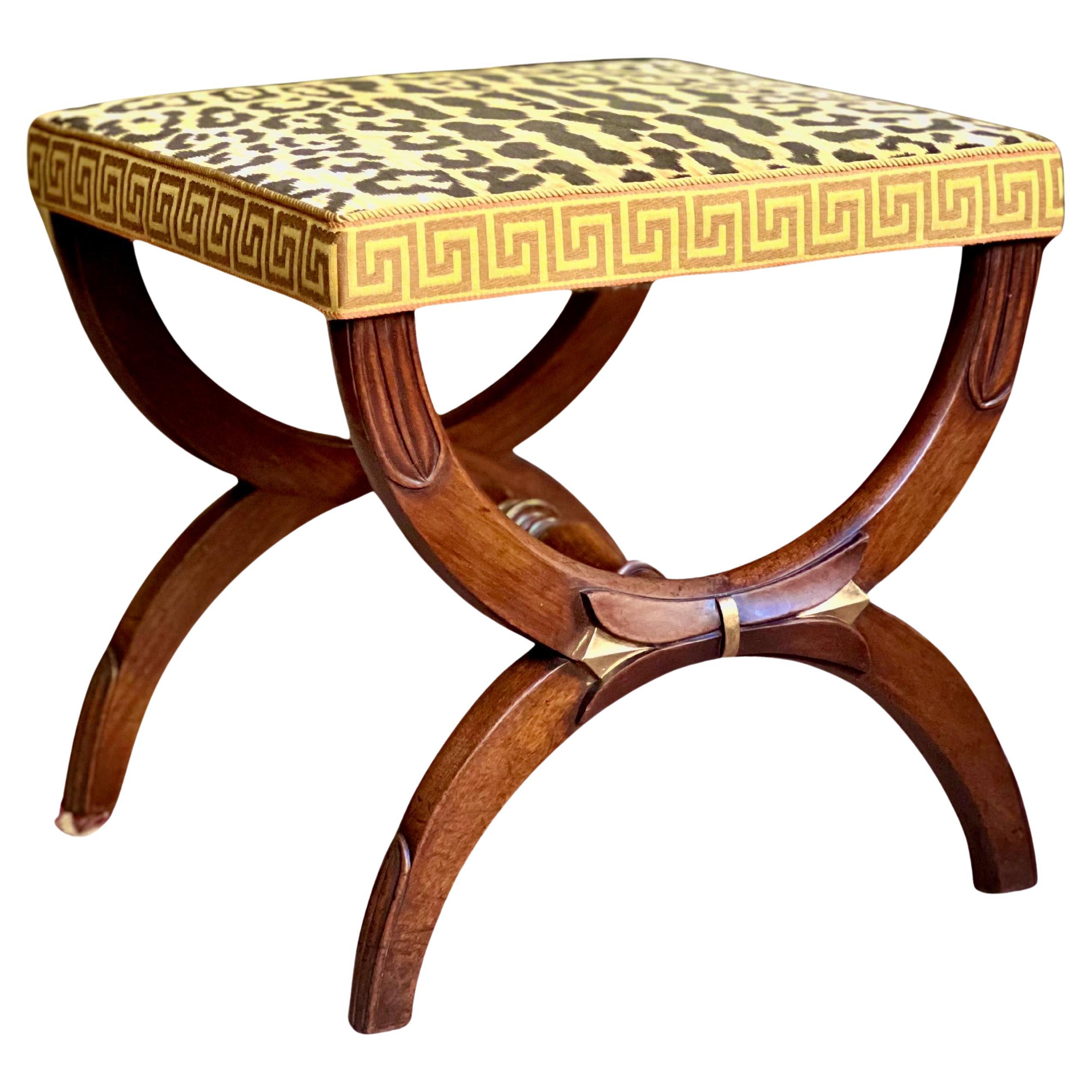 Antique Curule Stool in Leopard Print and Greek Key Border For Sale