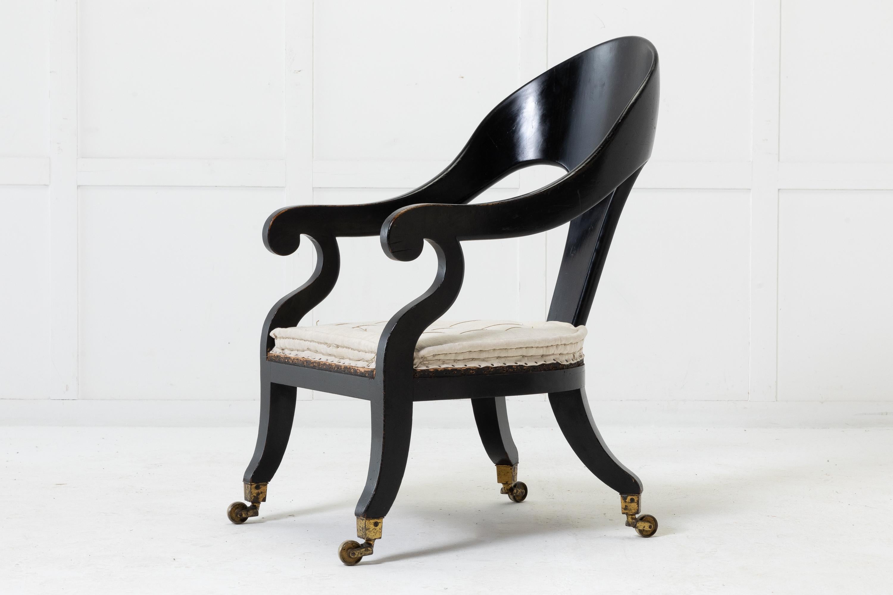 Upholstery 19th Century Regency Ebonised Armchair For Sale